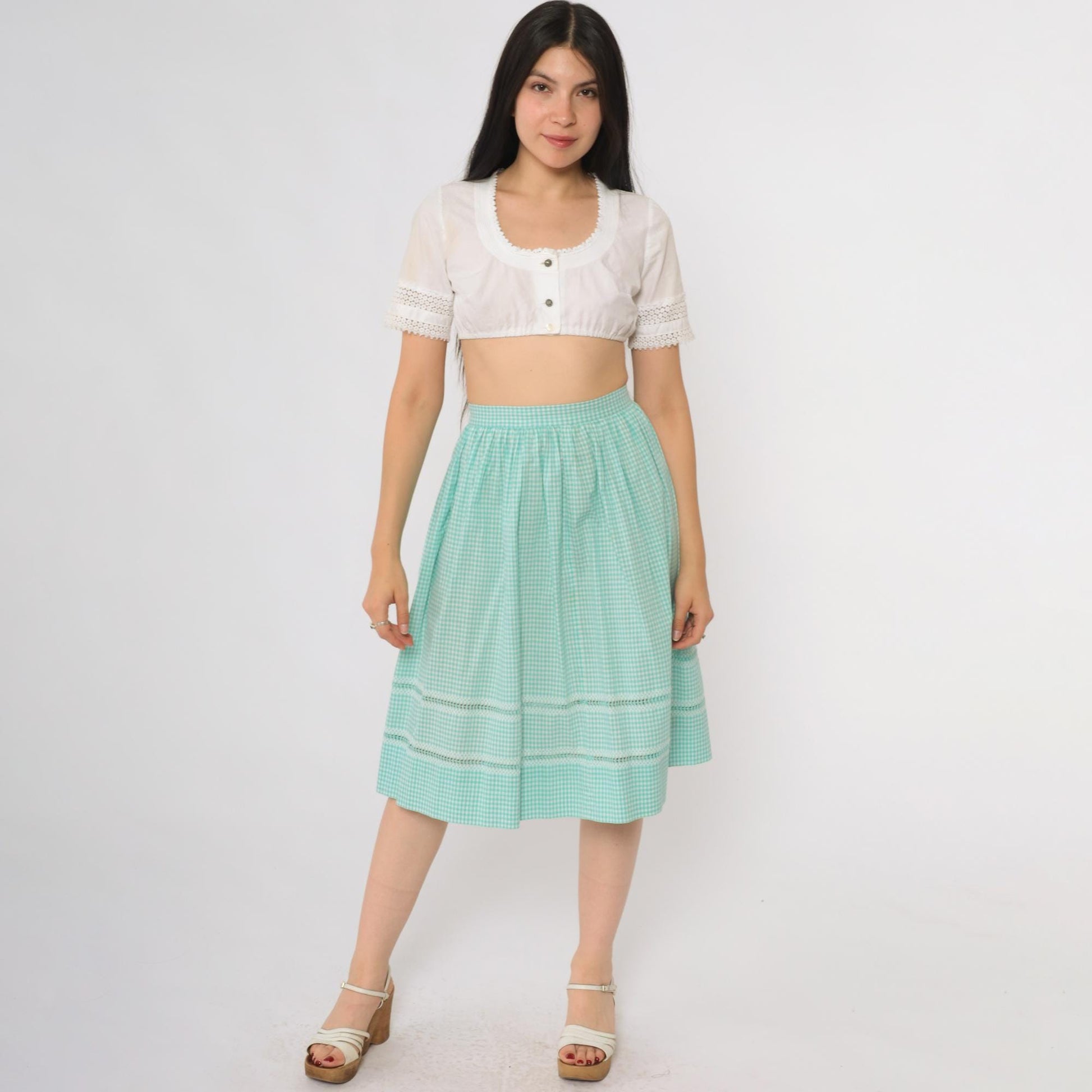 60s Mint Green Gingham A-Line Skirt Crochet Lace High Waist Small