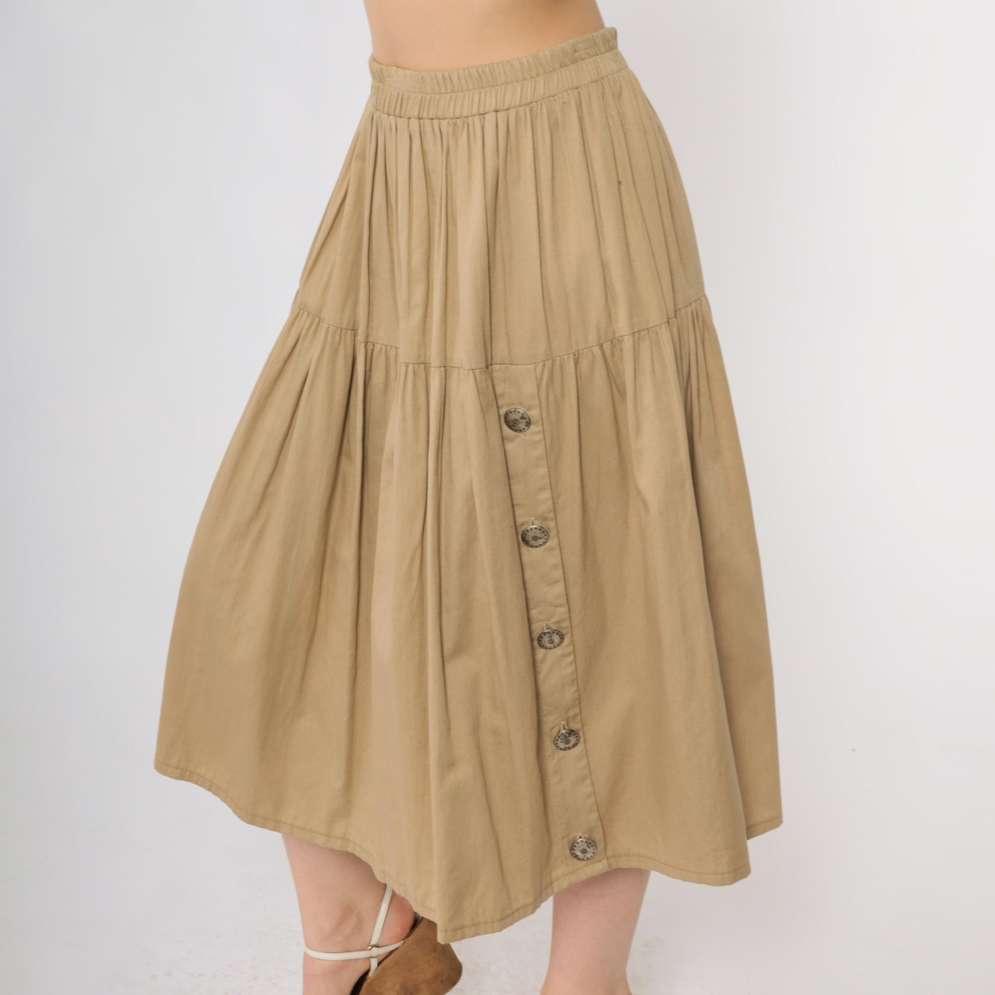 90s On The Verge Prairie Skirt Beige Cotton Midi Tiered Floral Buttons Small