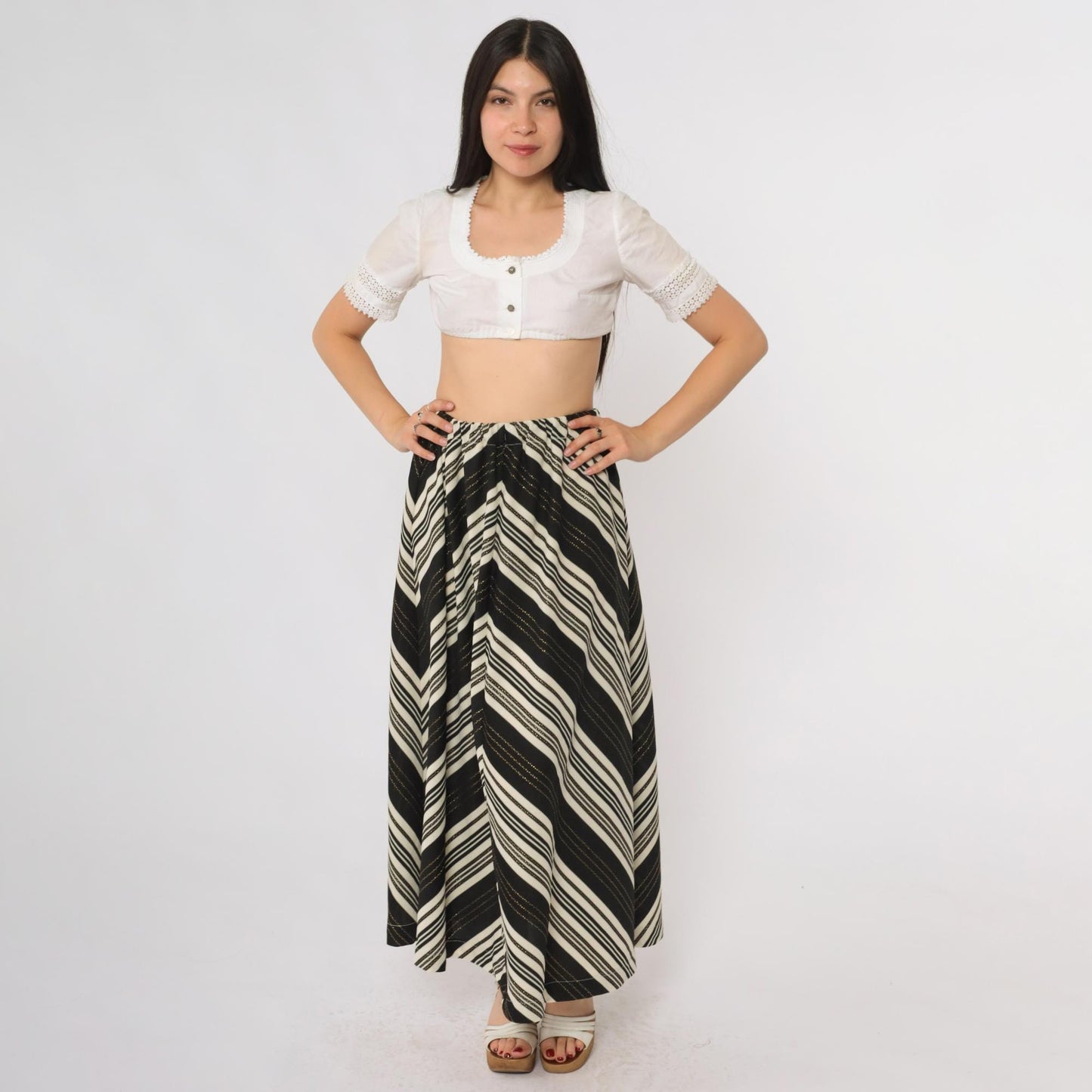 70s Black Cream Chevron Striped Maxi Skirt Gold Metallic High Waist Small