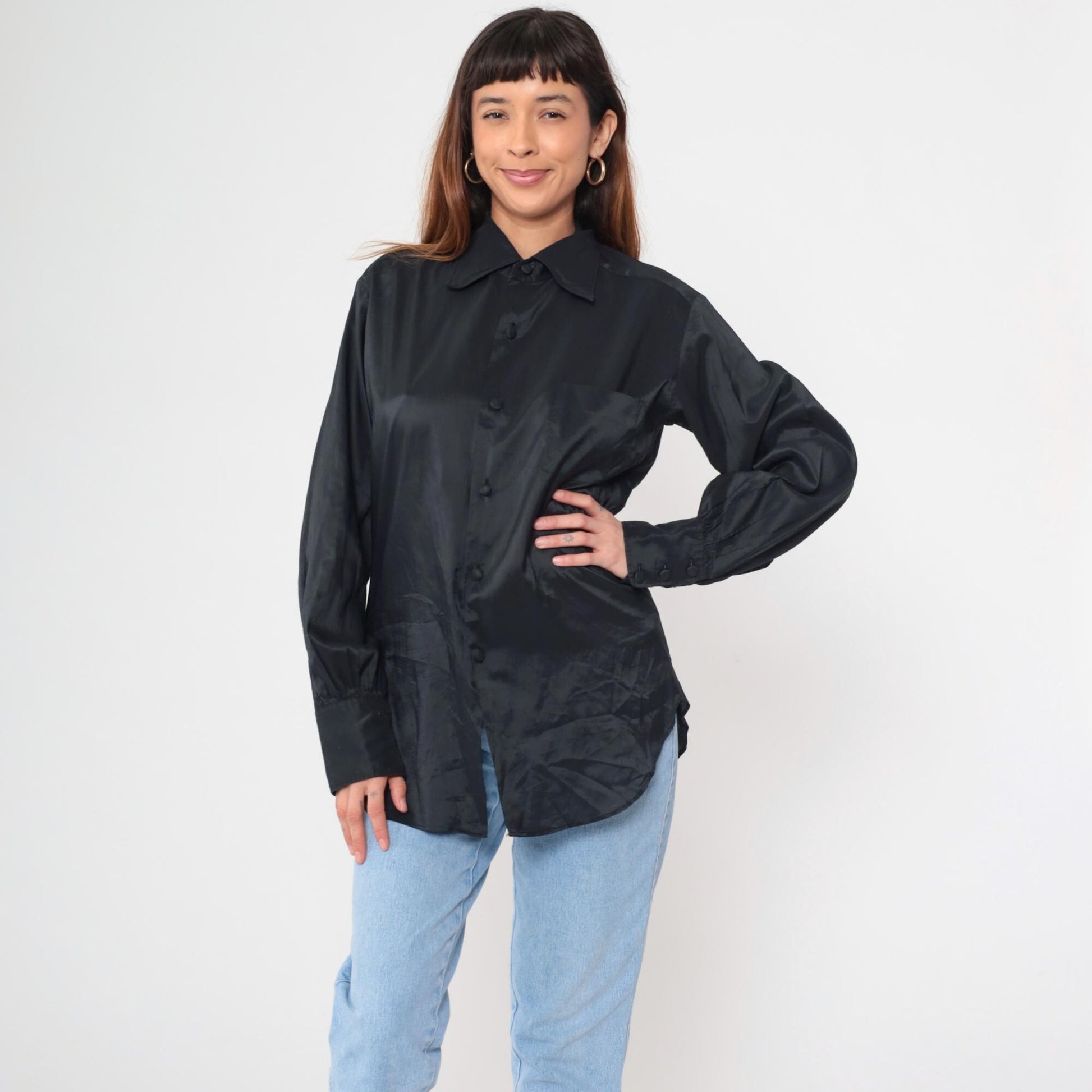 70s Elson Black Button-Up Shirt Pointed Collar Long Sleeve Medium M