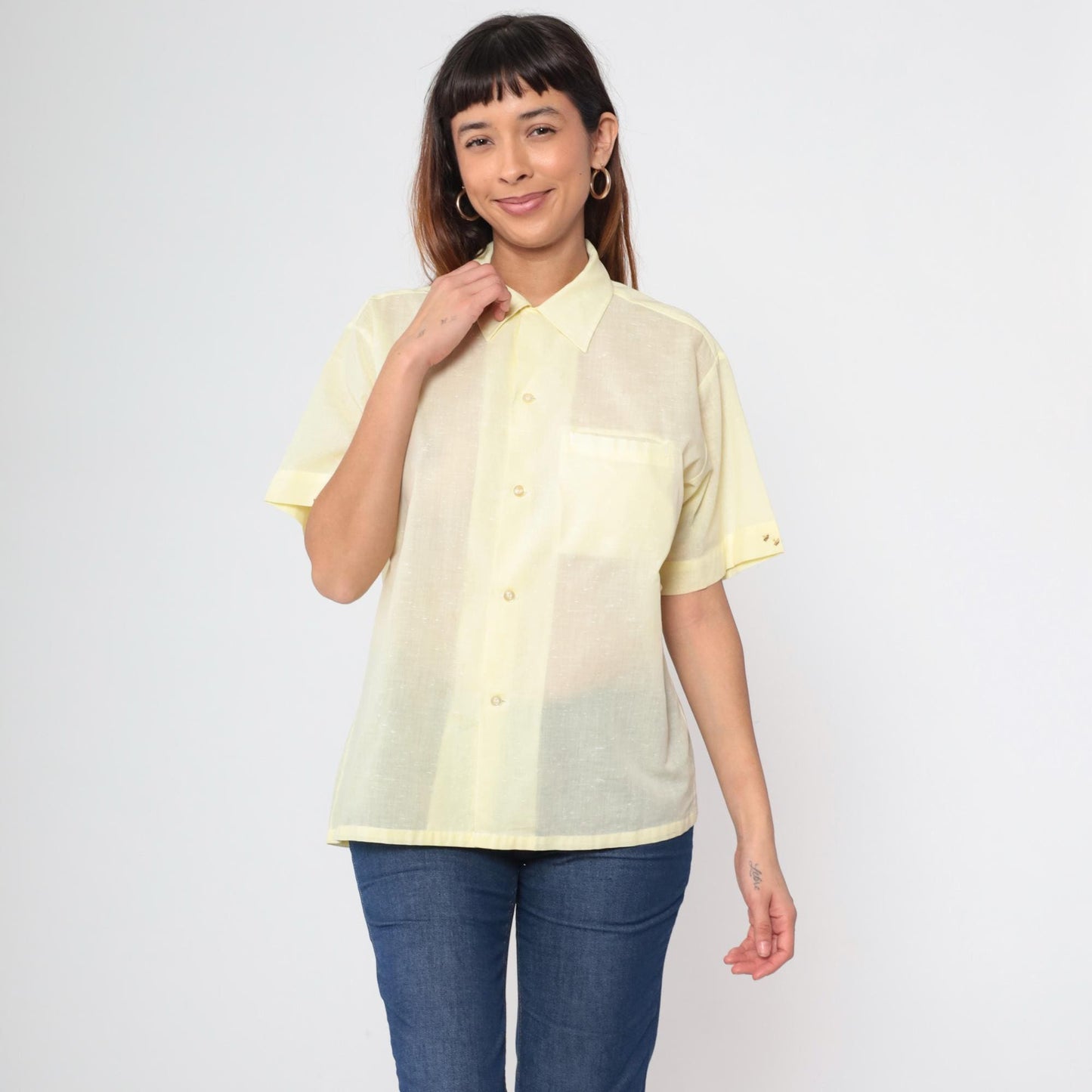 70s Yellow Dagger Collar Button-Up Shirt Short Sleeve Chest Pocket Medium M