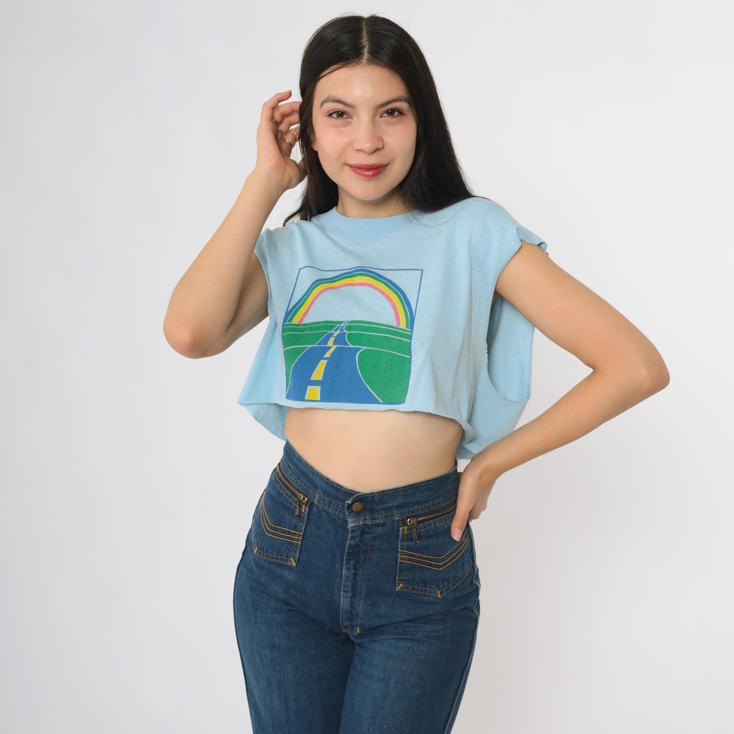90s Oneita Rainbow Road Crop Top Blue Graphic Sleeveless Tee Large L