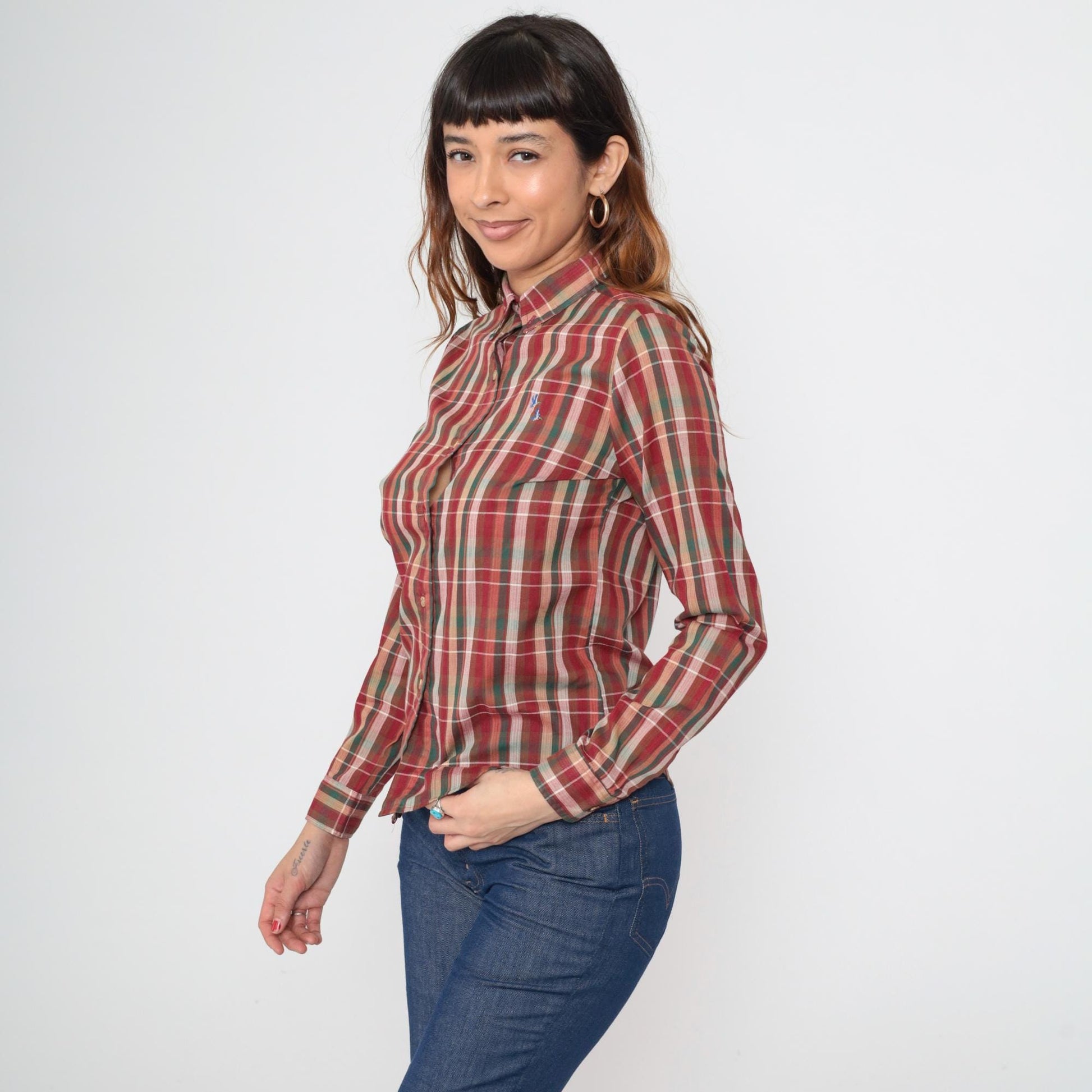 80s Plaid Button Down Shirt Red Green Embroidered Duck Cotton Small