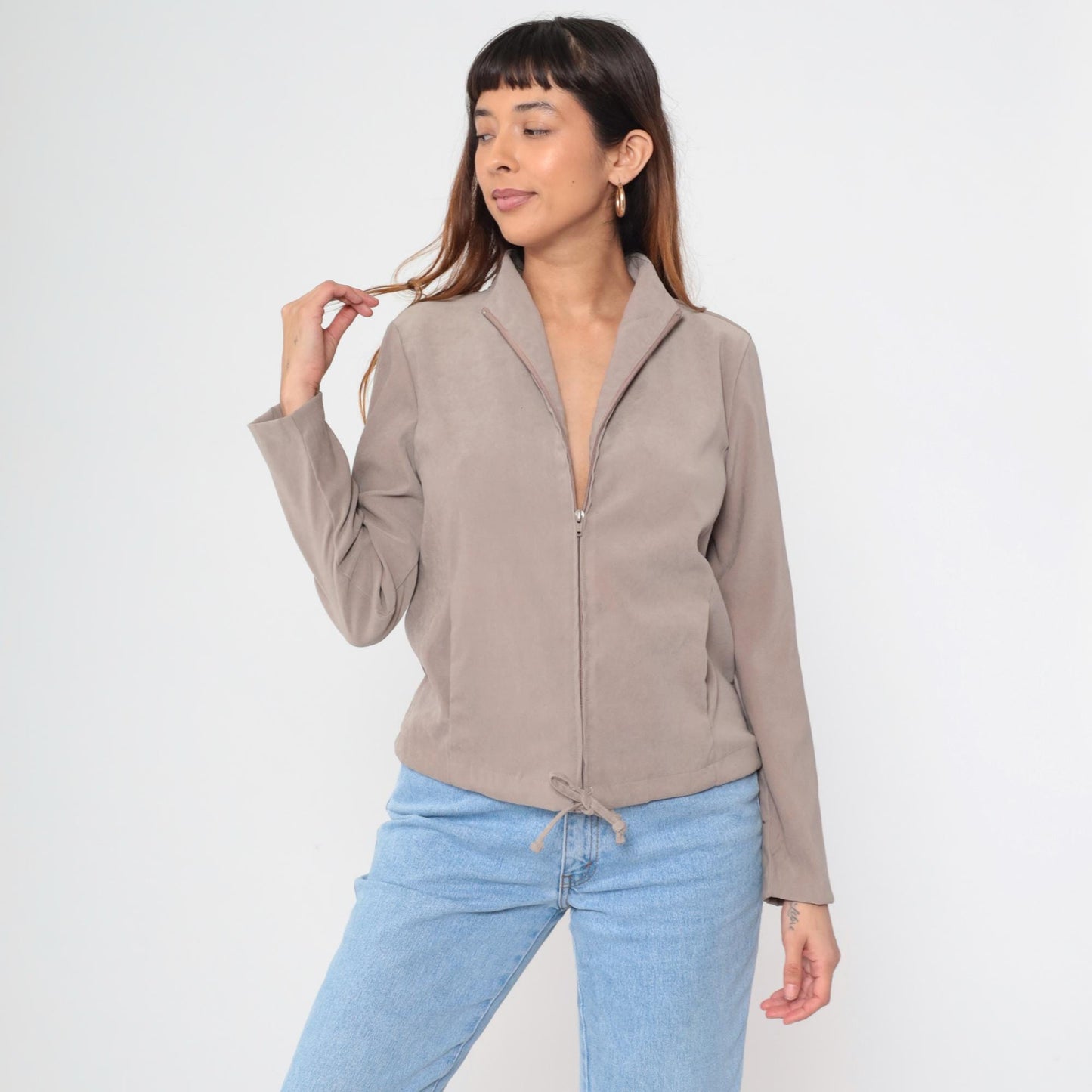 90s Clio Taupe Zip-Up Mock Neck Jacket Medium