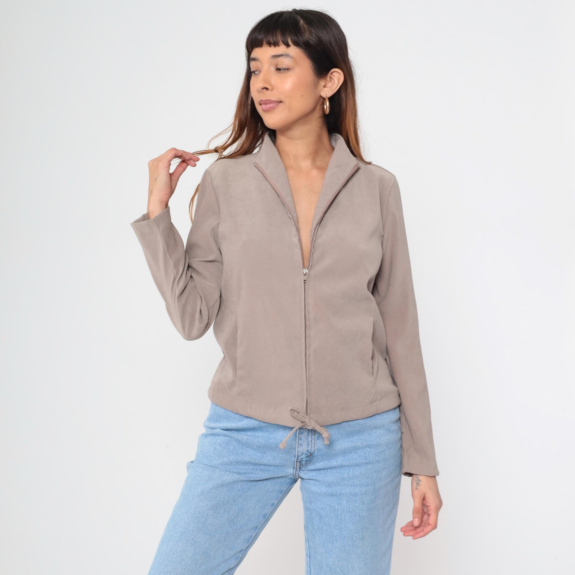 90s Clio Taupe Zip-Up Mock Neck Jacket Medium