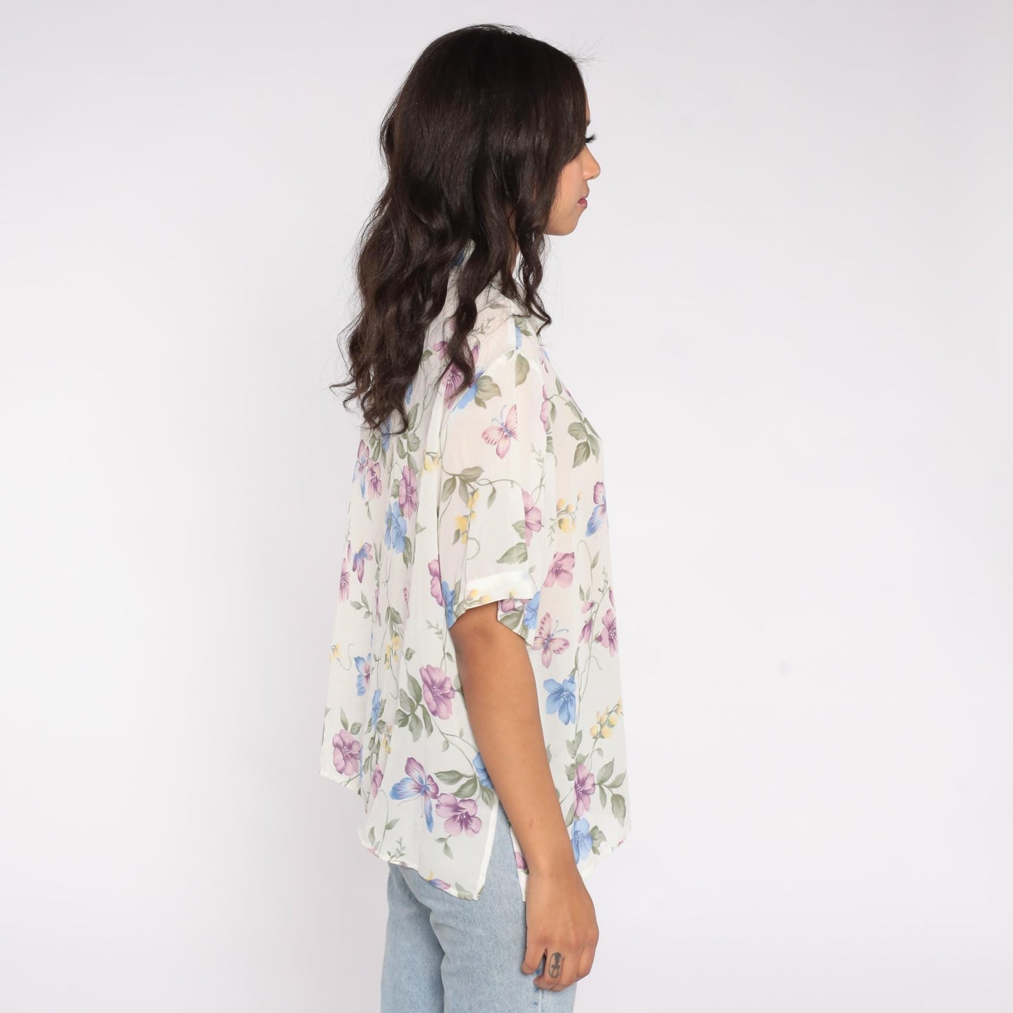 90s Bonworth Floral Button Down Blouse Cream Purple Blue Large Petite