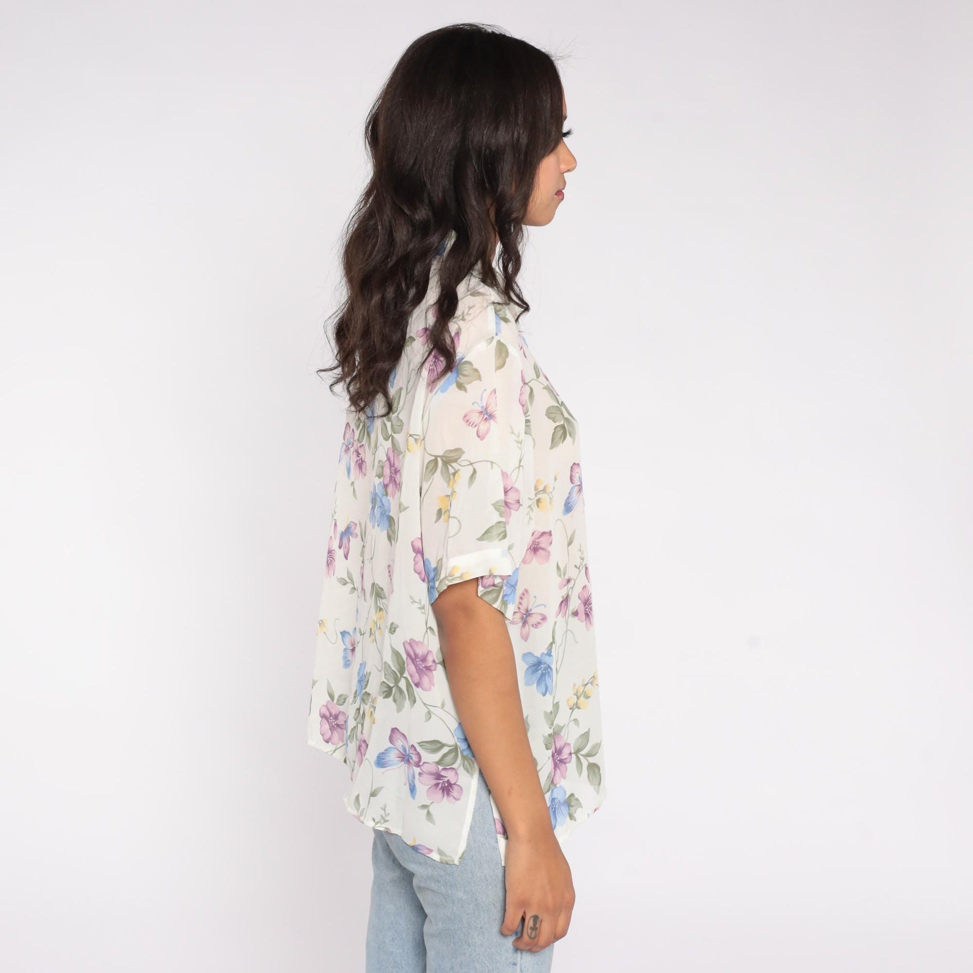90s Bonworth Floral Button Down Blouse Cream Purple Blue Large Petite