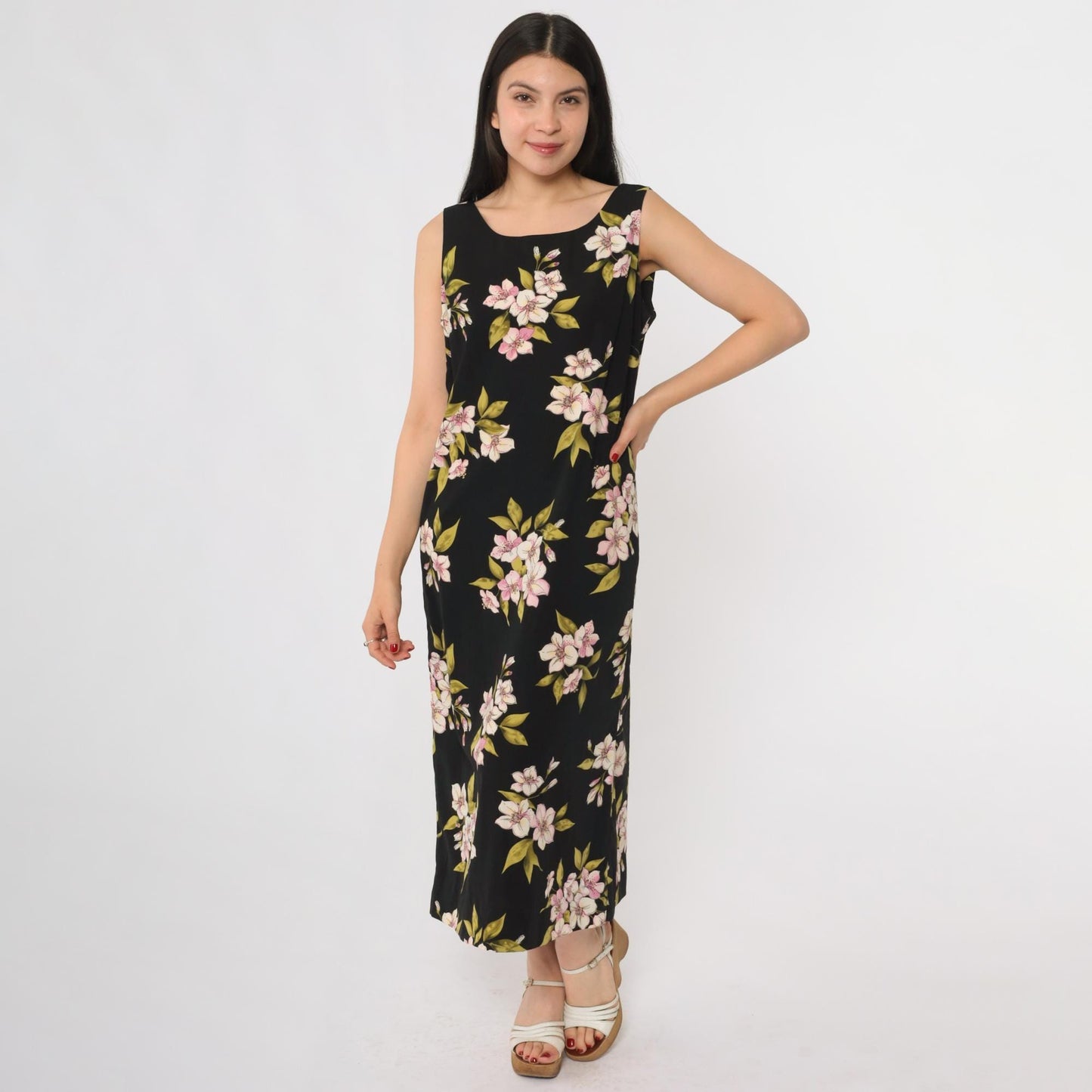 90s Studio 1 Petite Black Floral Midi Dress Lily Print Sleeveless Size 8P