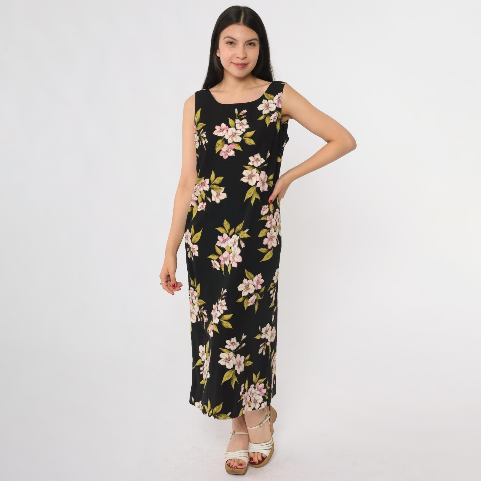90s Studio 1 Petite Black Floral Midi Dress Lily Print Sleeveless Size 8P