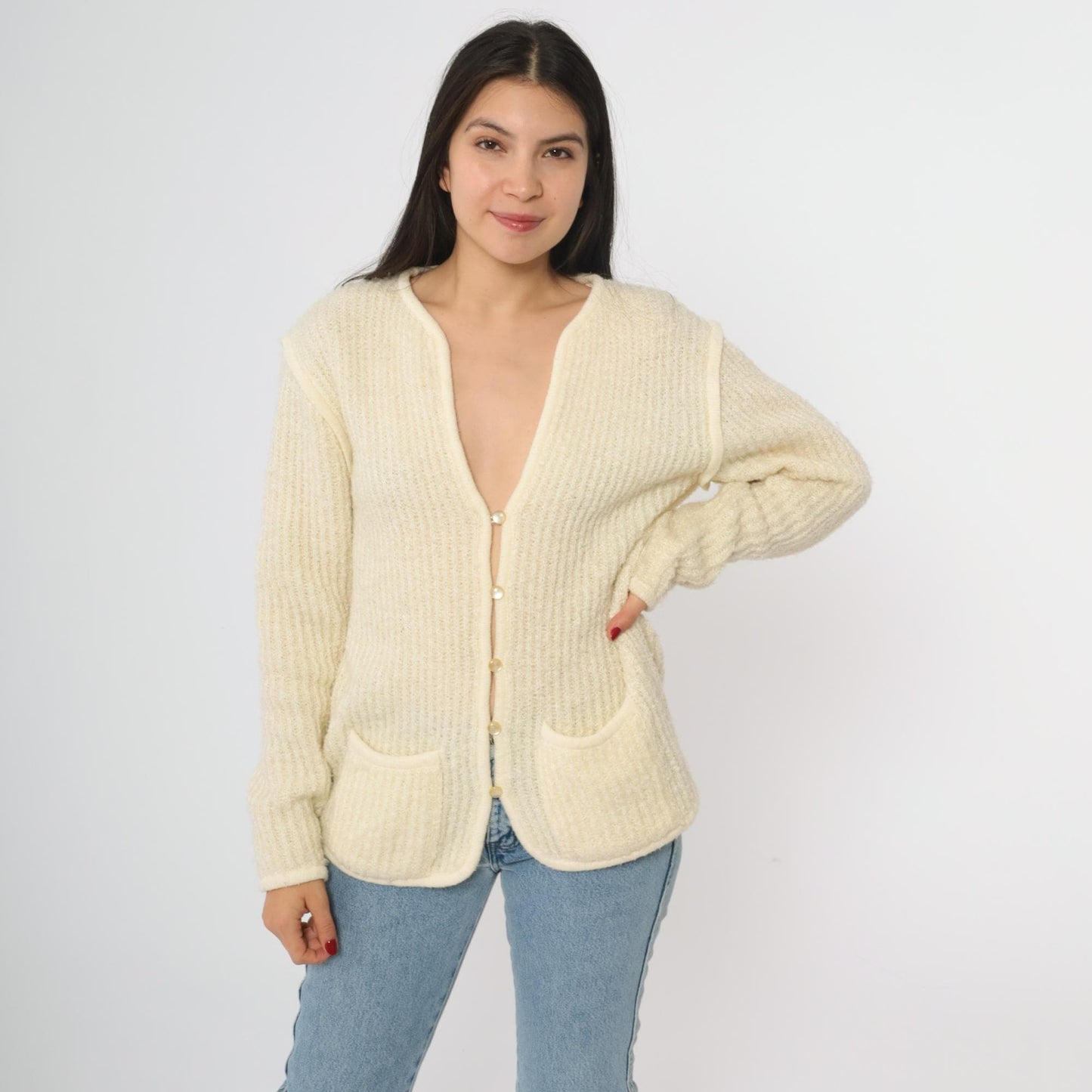 80s Ivory Knit Cardigan V-Neck Ribbed Texture Front Pockets Large L