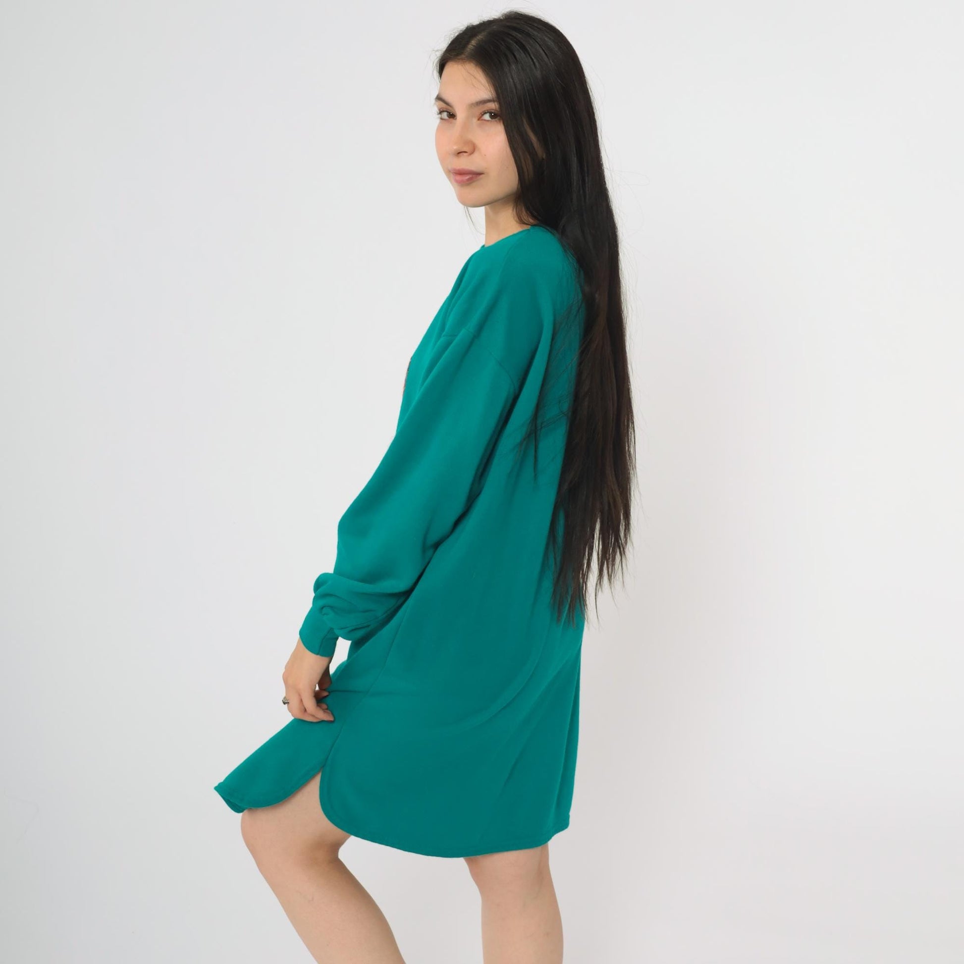 90s Teal Cat Applique Sweatshirt Dress Fuzzy Kitten Pullover Small S