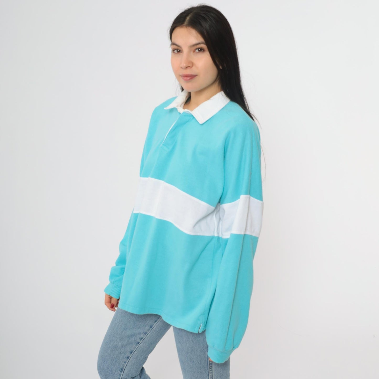 80s Turquoise Rugby Shirt White Stripe Collared Pullover Extra Large XL