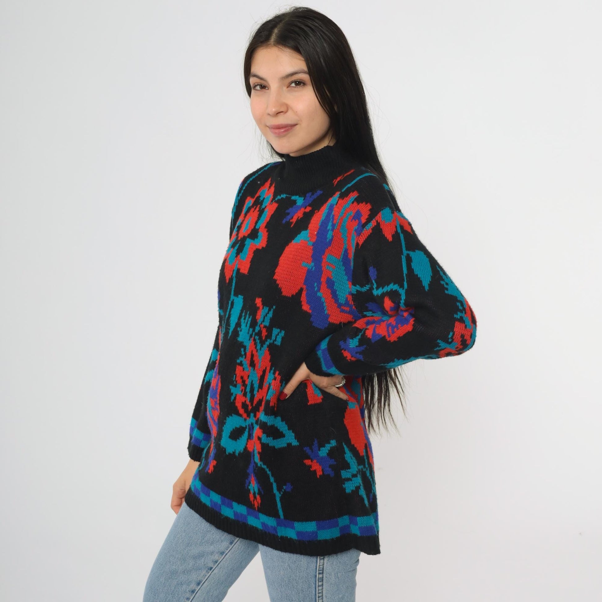 80s Adolfo Collectibles Floral Knit Sweater High Neck Black Red Blue Teal Medium M