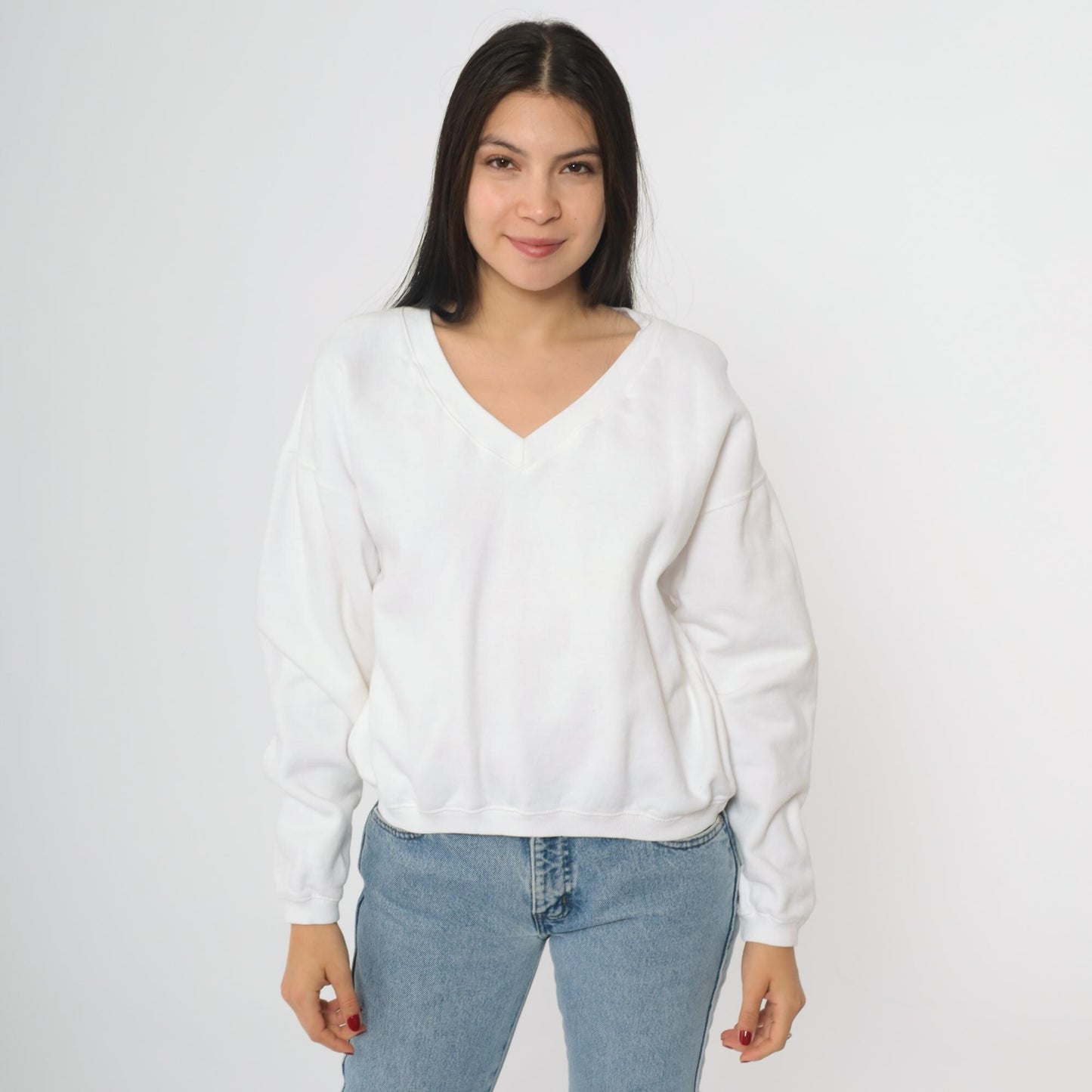 90s White V-Neck Sweatshirt Cotton Drop Shoulder Pullover One Size