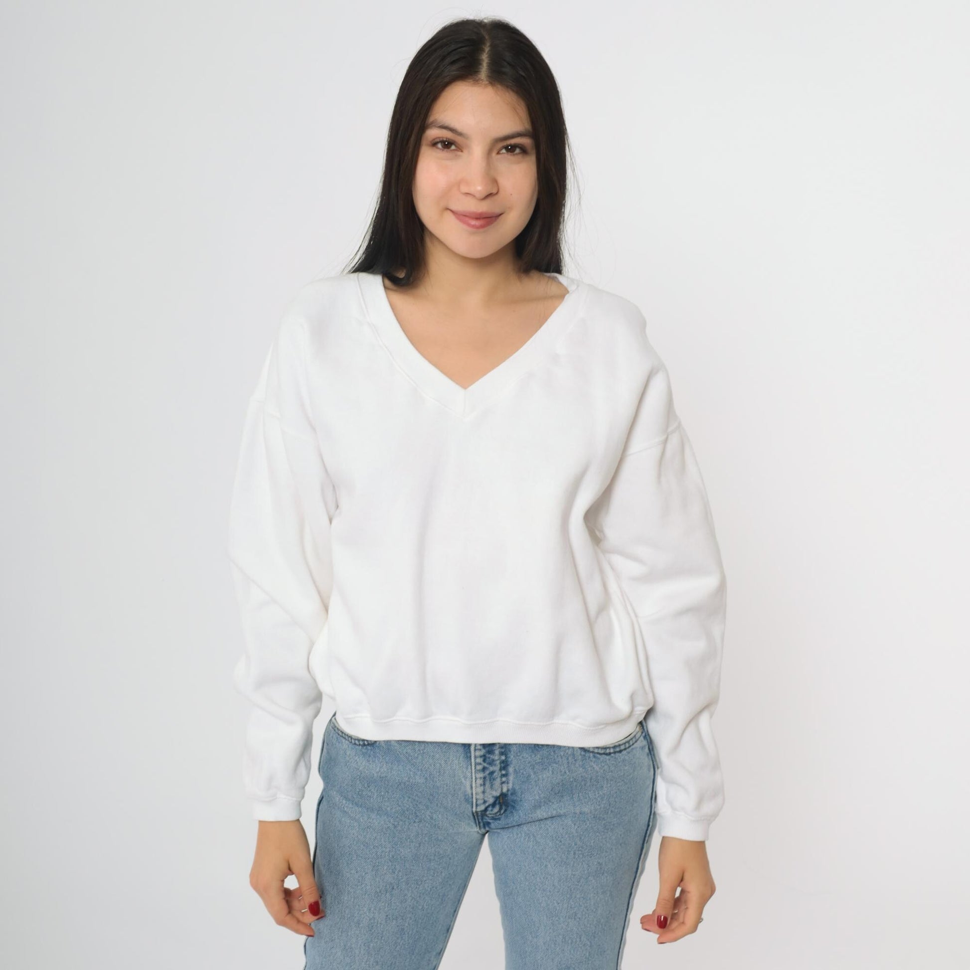 90s White V-Neck Sweatshirt Cotton Drop Shoulder Pullover One Size