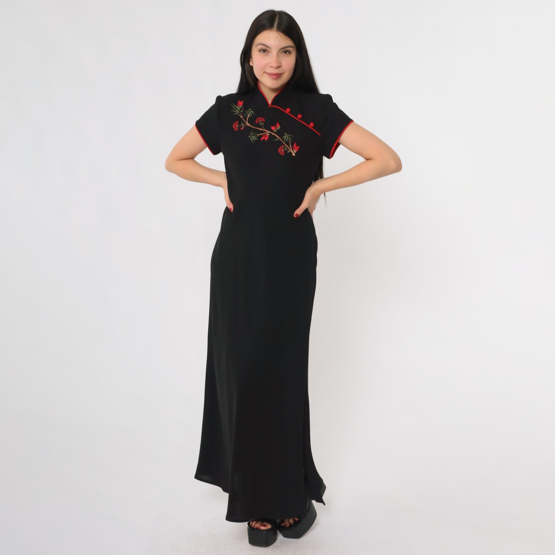 90s S.L. Fashions Black Cheongsam Maxi Dress Mandarin Collar Red Piping Medium