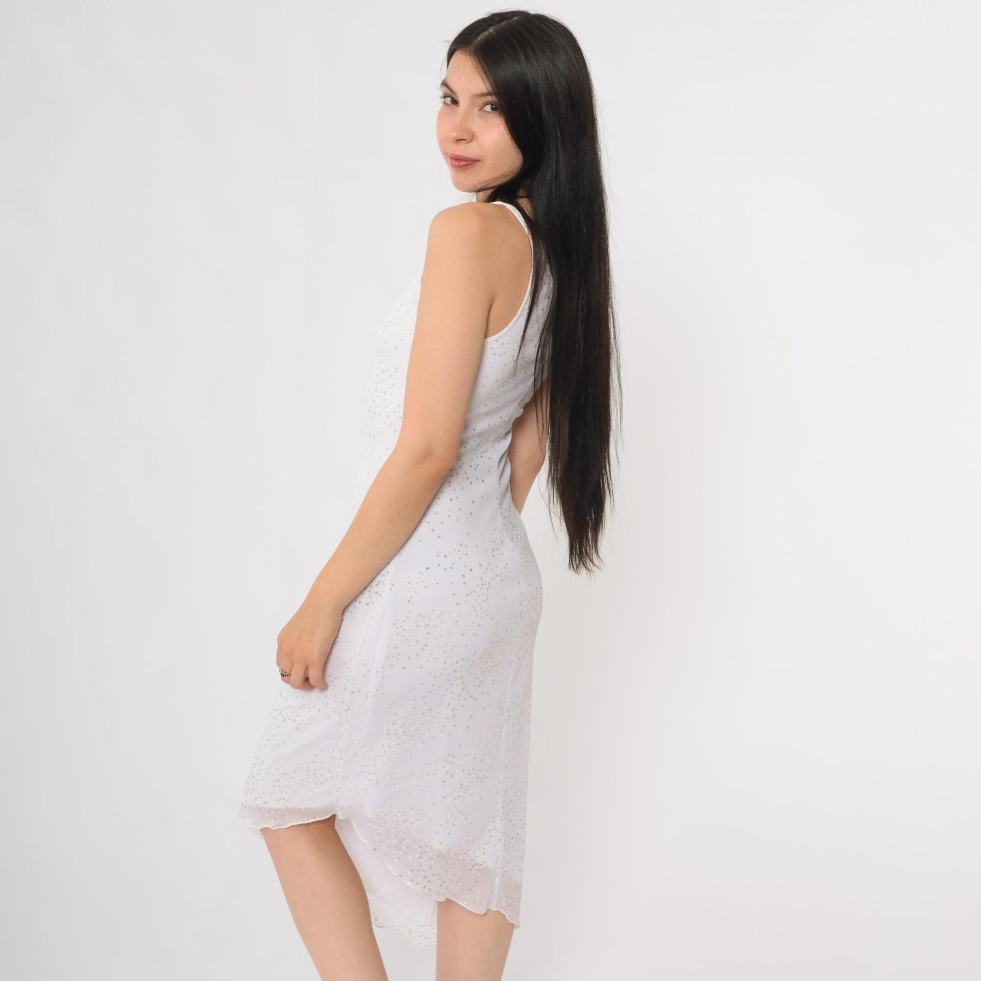 Y2K White Sequin One-Shoulder Slip Dress Midi Silver Bodycon Medium M