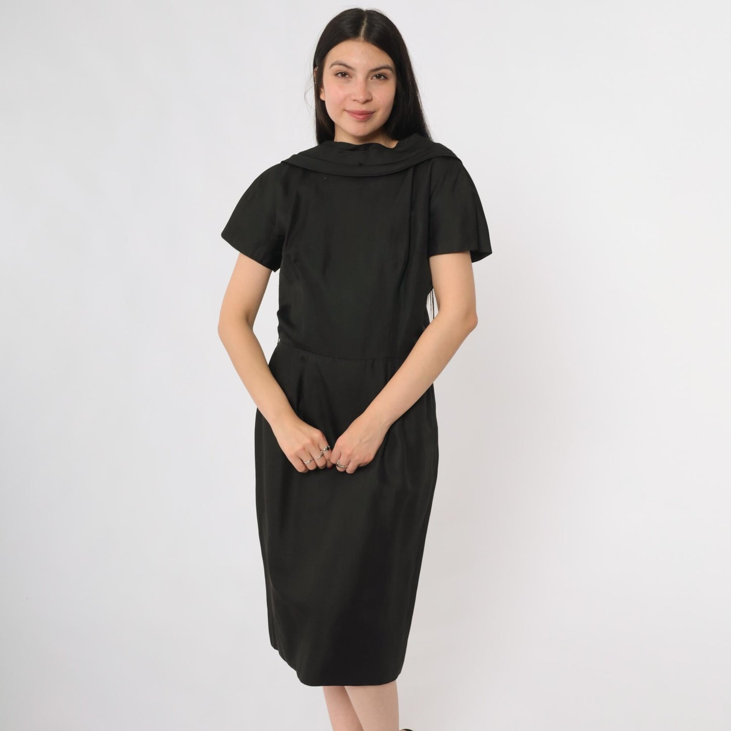 60s Suzy Perette Black Cowl Neck Midi Dress Open Back Large L