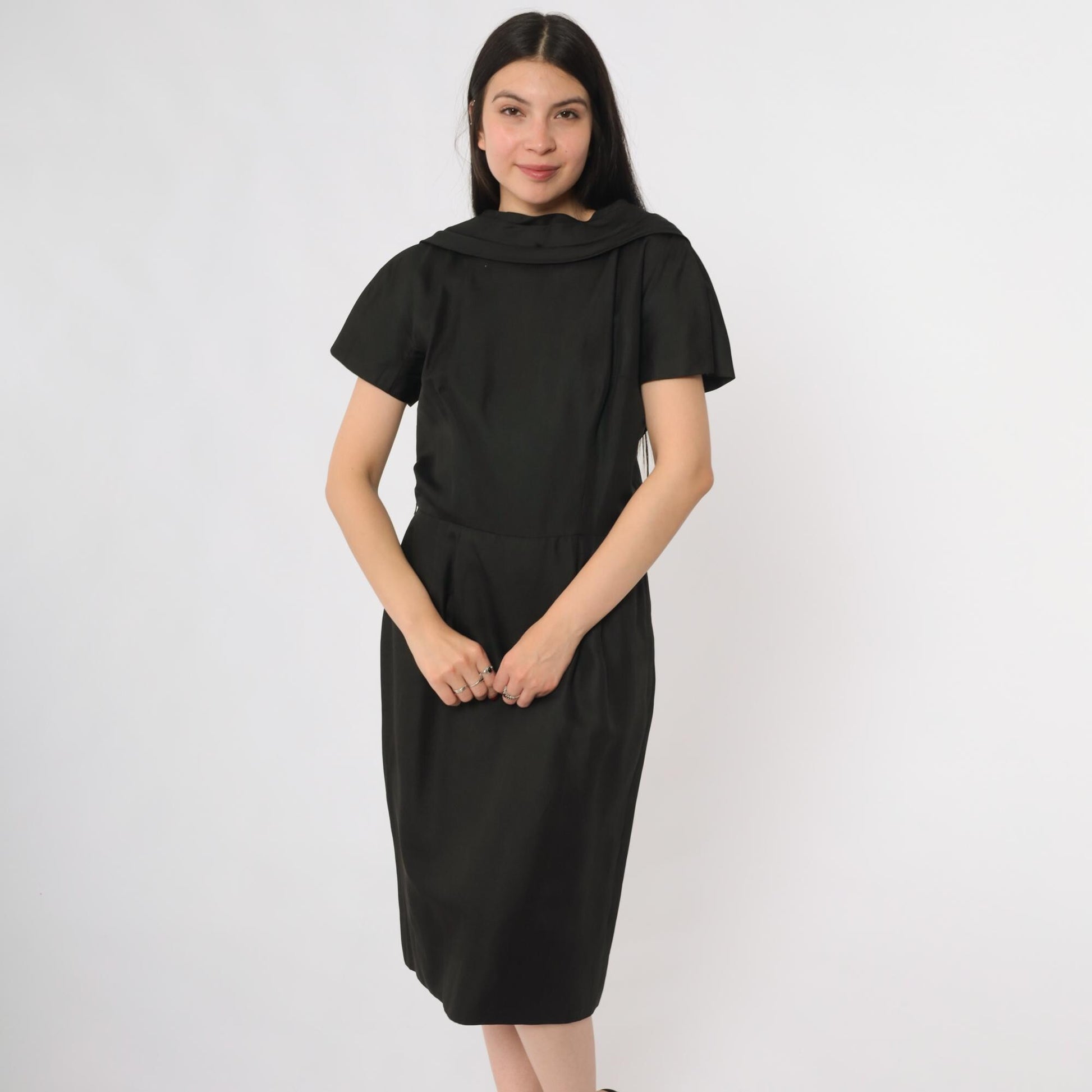 60s Suzy Perette Black Cowl Neck Midi Dress Open Back Large L