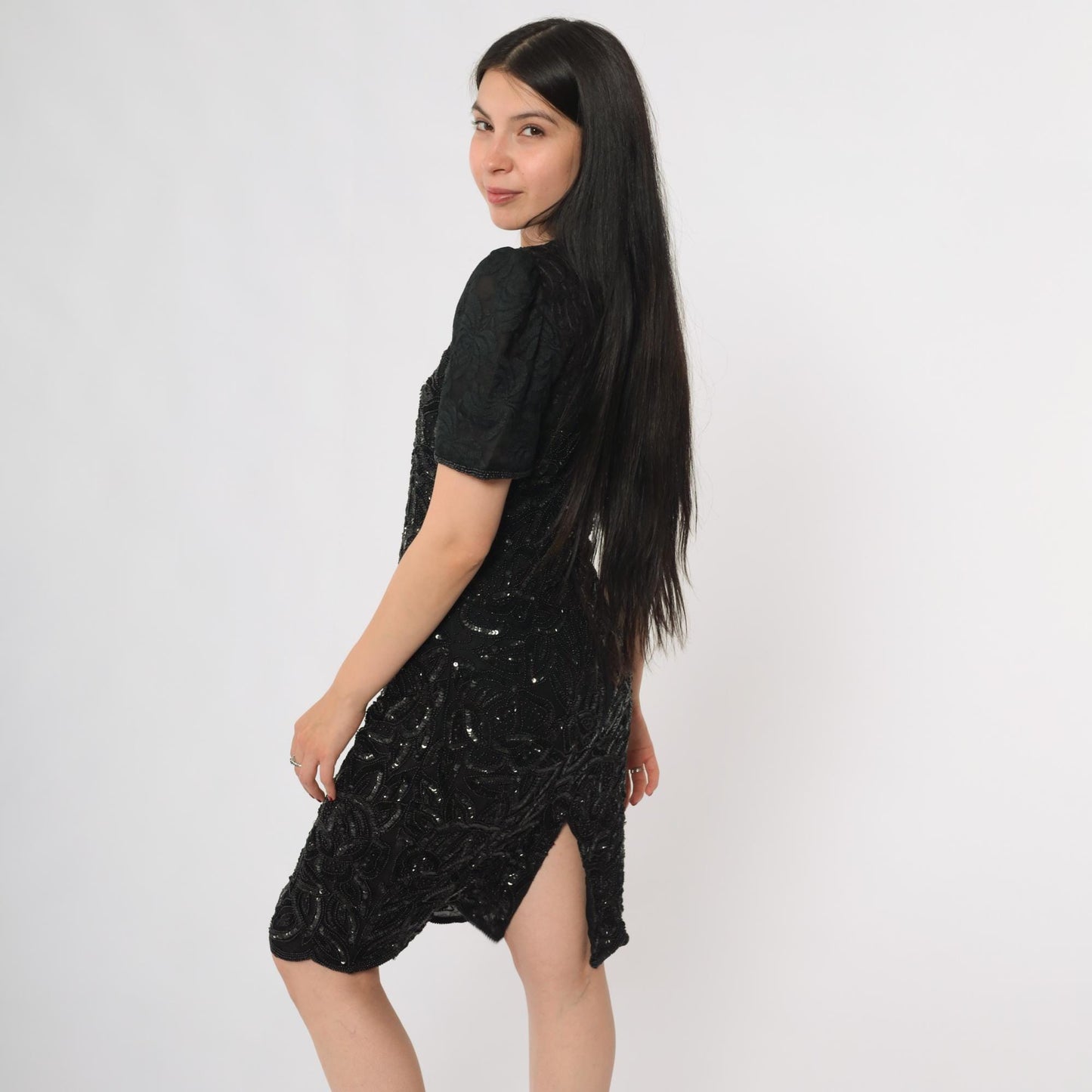 90s Silky Nites New York Black Silk Sequin Beaded Cocktail Dress Small
