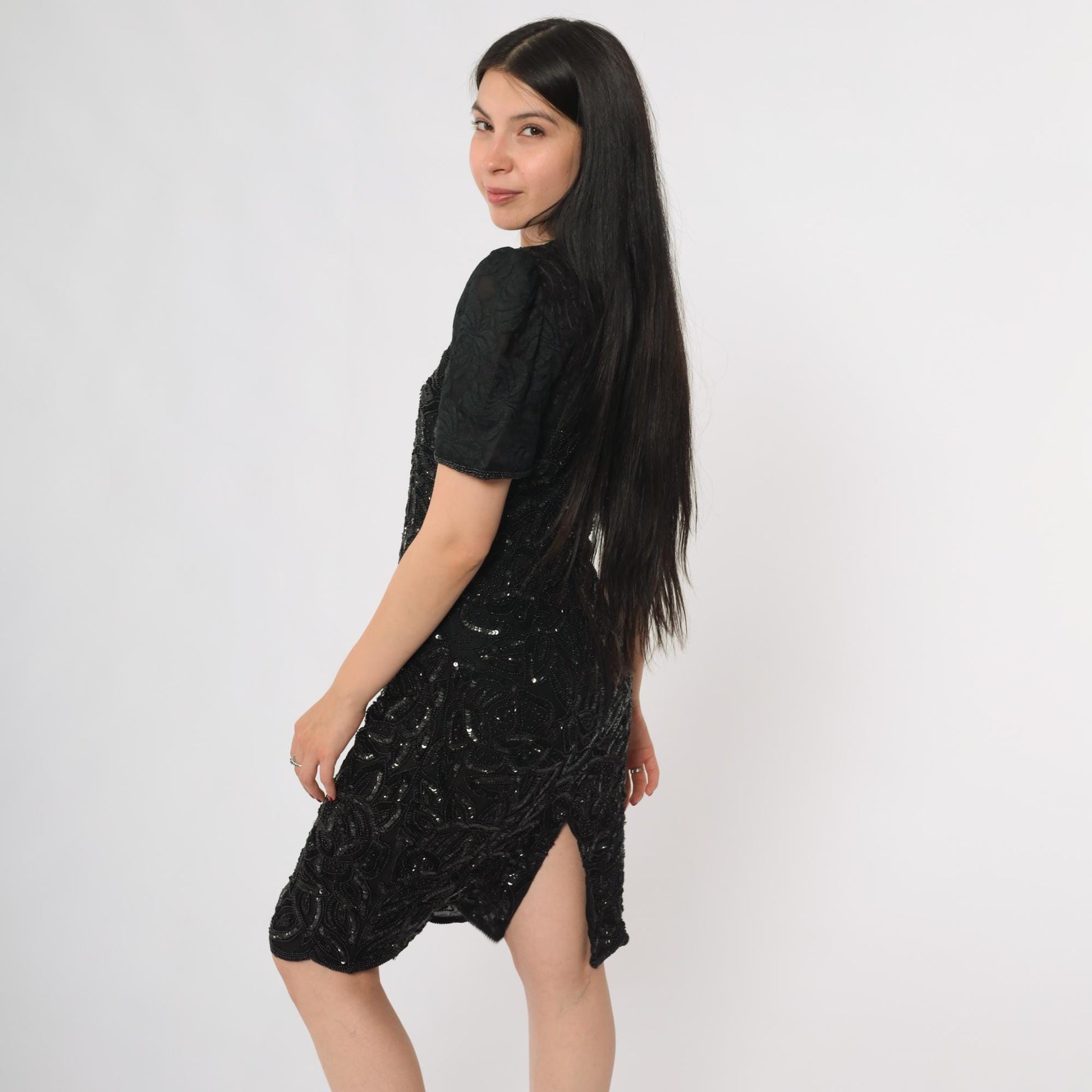 90s Silky Nites New York Black Silk Sequin Beaded Cocktail Dress Small