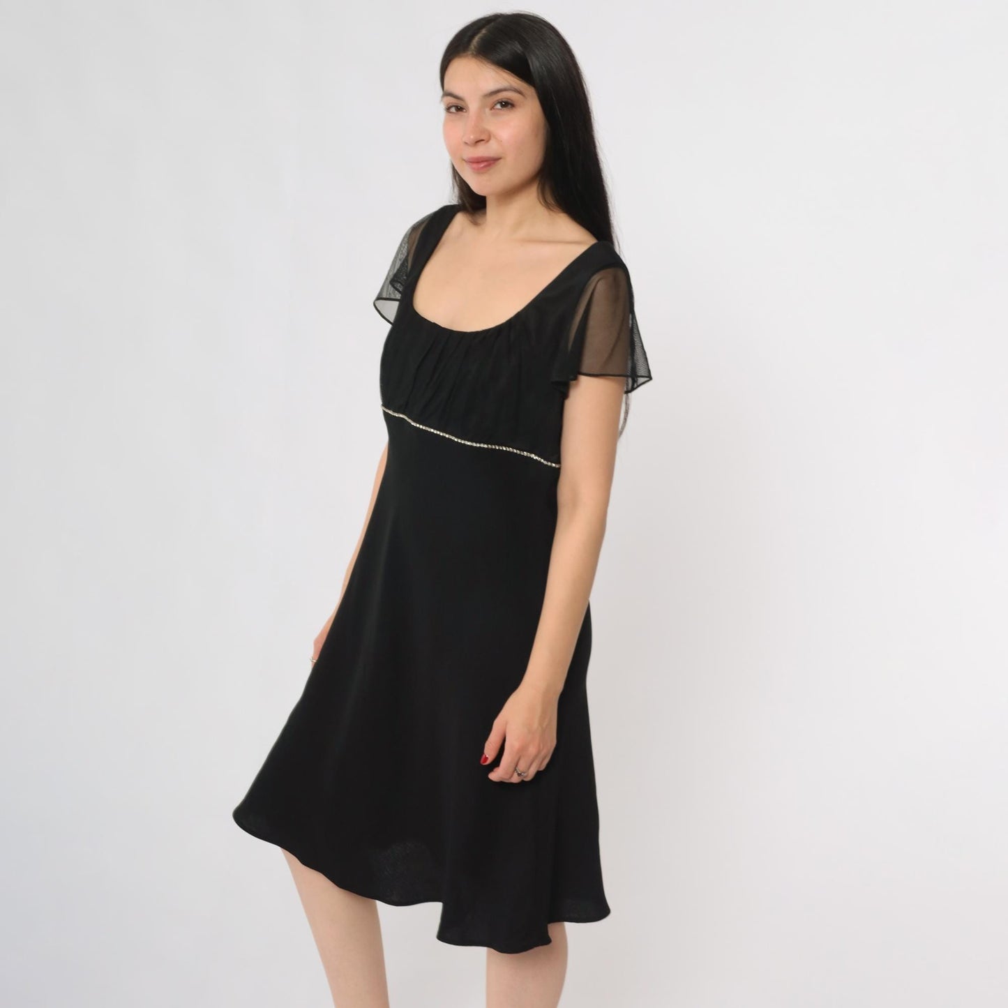 Y2K Black Party Dress Square Neck Rhinestone Waist Mesh Overlay Midi 12 Petite