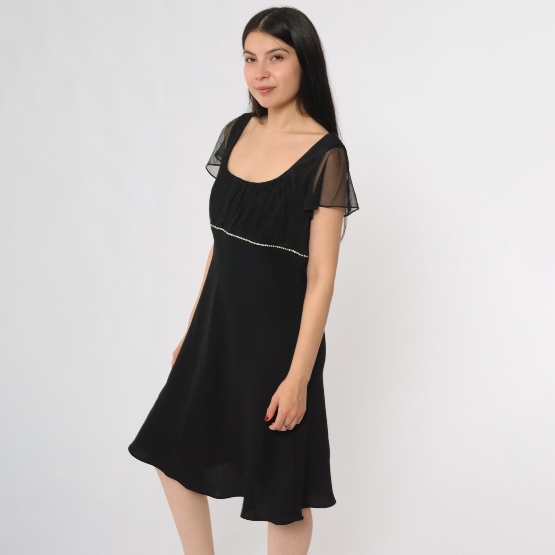 Y2K Black Party Dress Square Neck Rhinestone Waist Mesh Overlay Midi 12 Petite