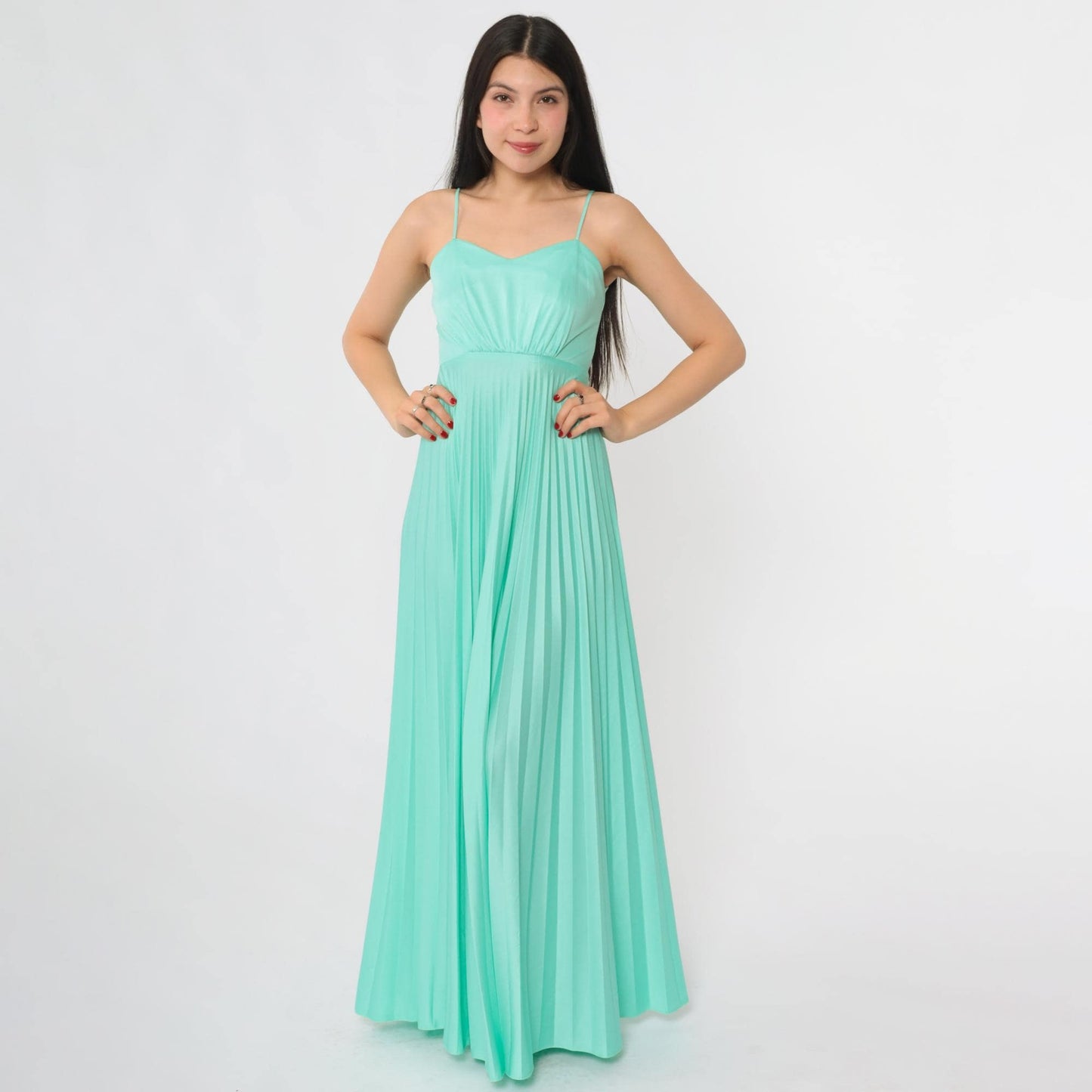70s Aqua Pleated Maxi Dress Spaghetti Strap Sweetheart Neckline Extra Small XS