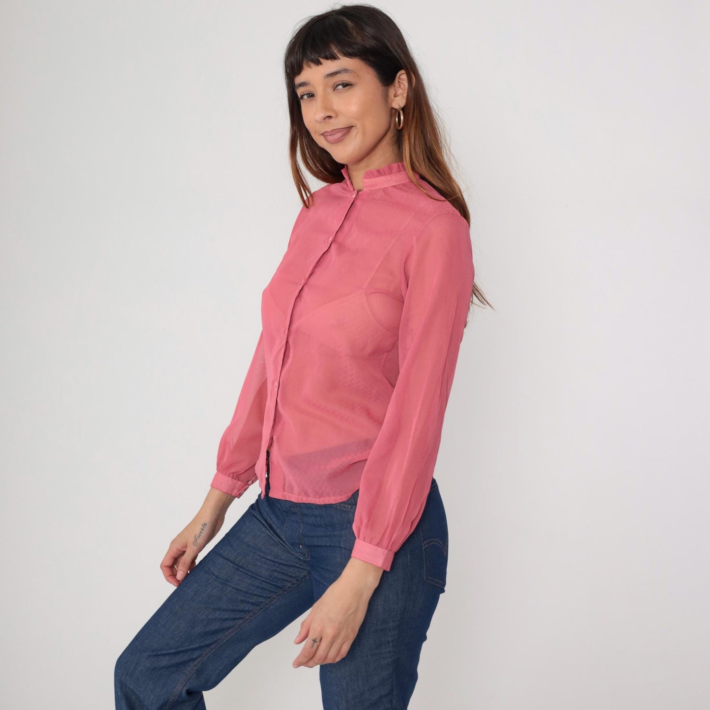 1970s Coral Pink Sheer Blouse Ruffle Collar Button Front Long Sleeve Small