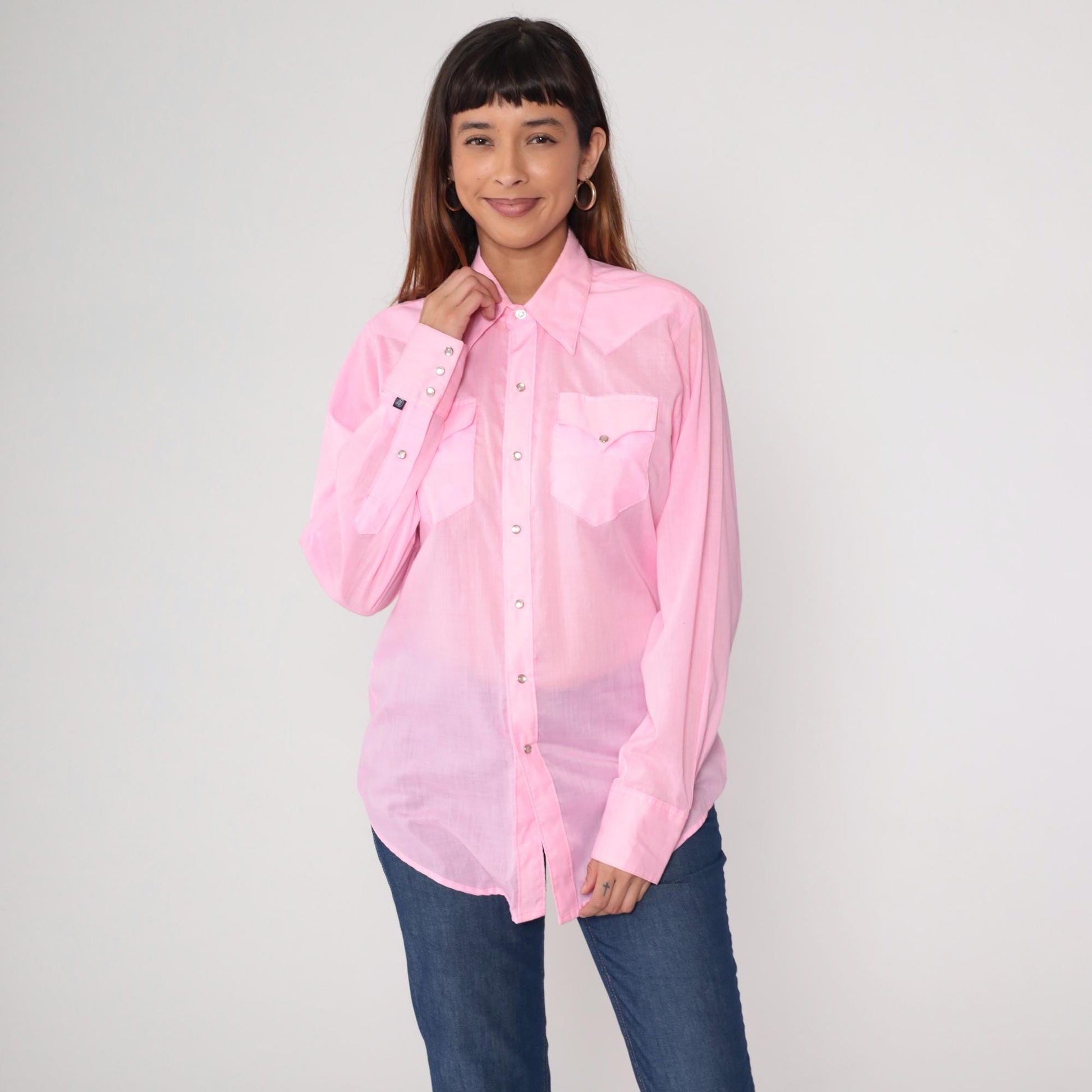 70s Rockmount Ranch Wear Pearl Snap Western Shirt Baby Pink Dagger Collar Medium