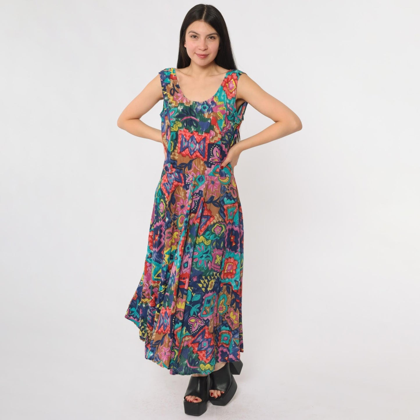 90s Phool Patchwork Maxi Dress Sleeveless Scoop Neck Abstract Print Cotton Medium M