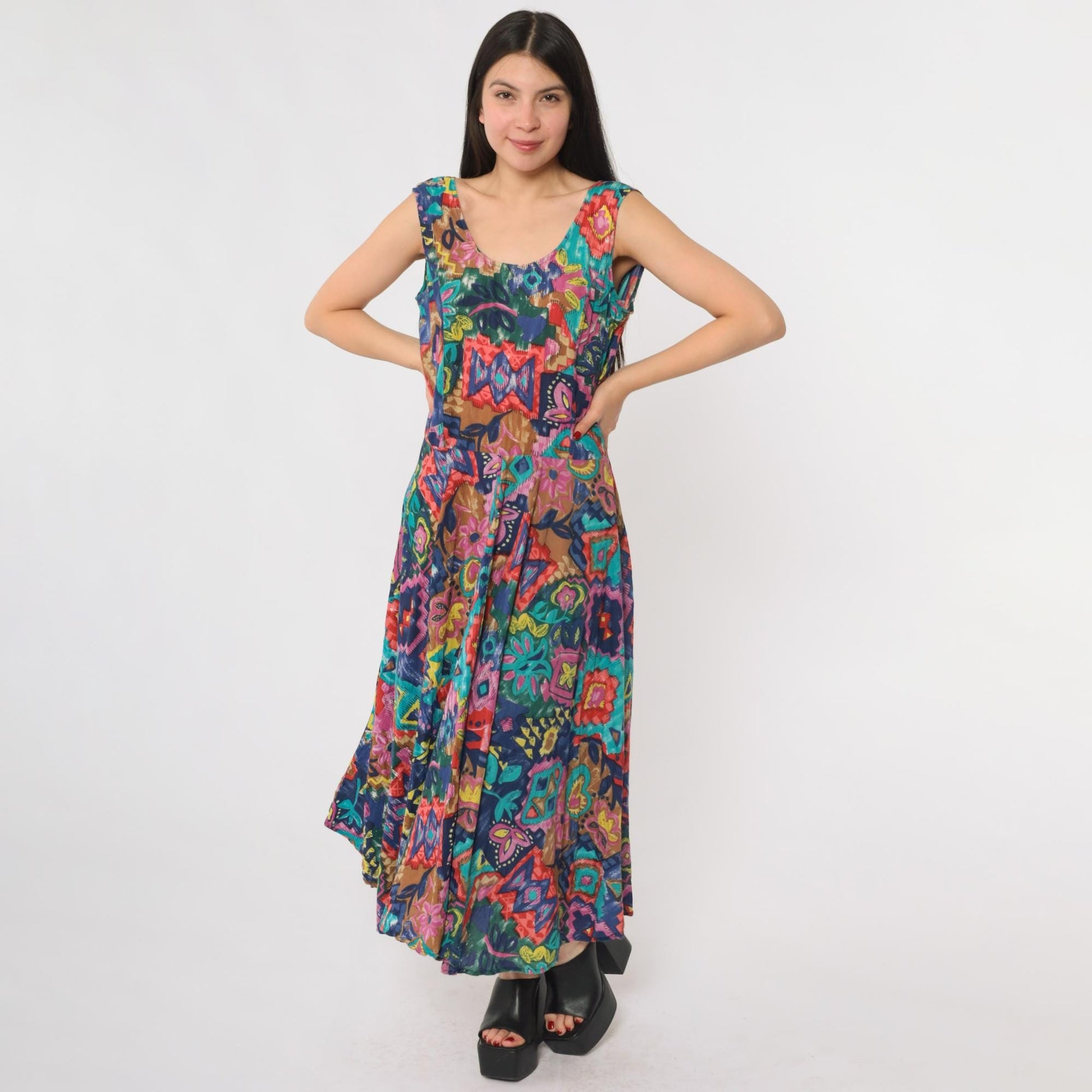 90s Phool Patchwork Maxi Dress Sleeveless Scoop Neck Abstract Print Cotton Medium M