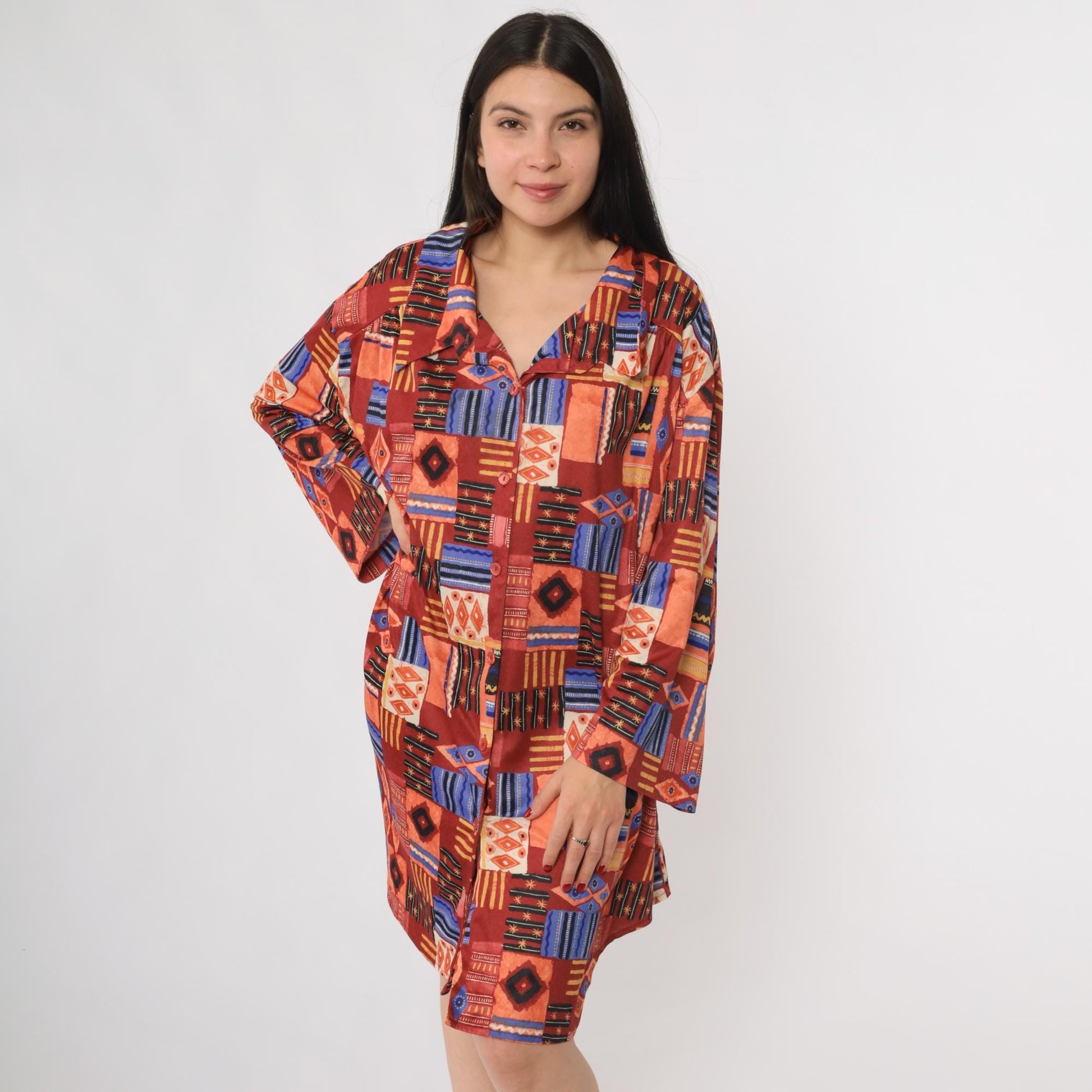 90s Sue Brett Tribal Print Mini Shirt Dress Button Front Long Sleeve Plus Size XXL