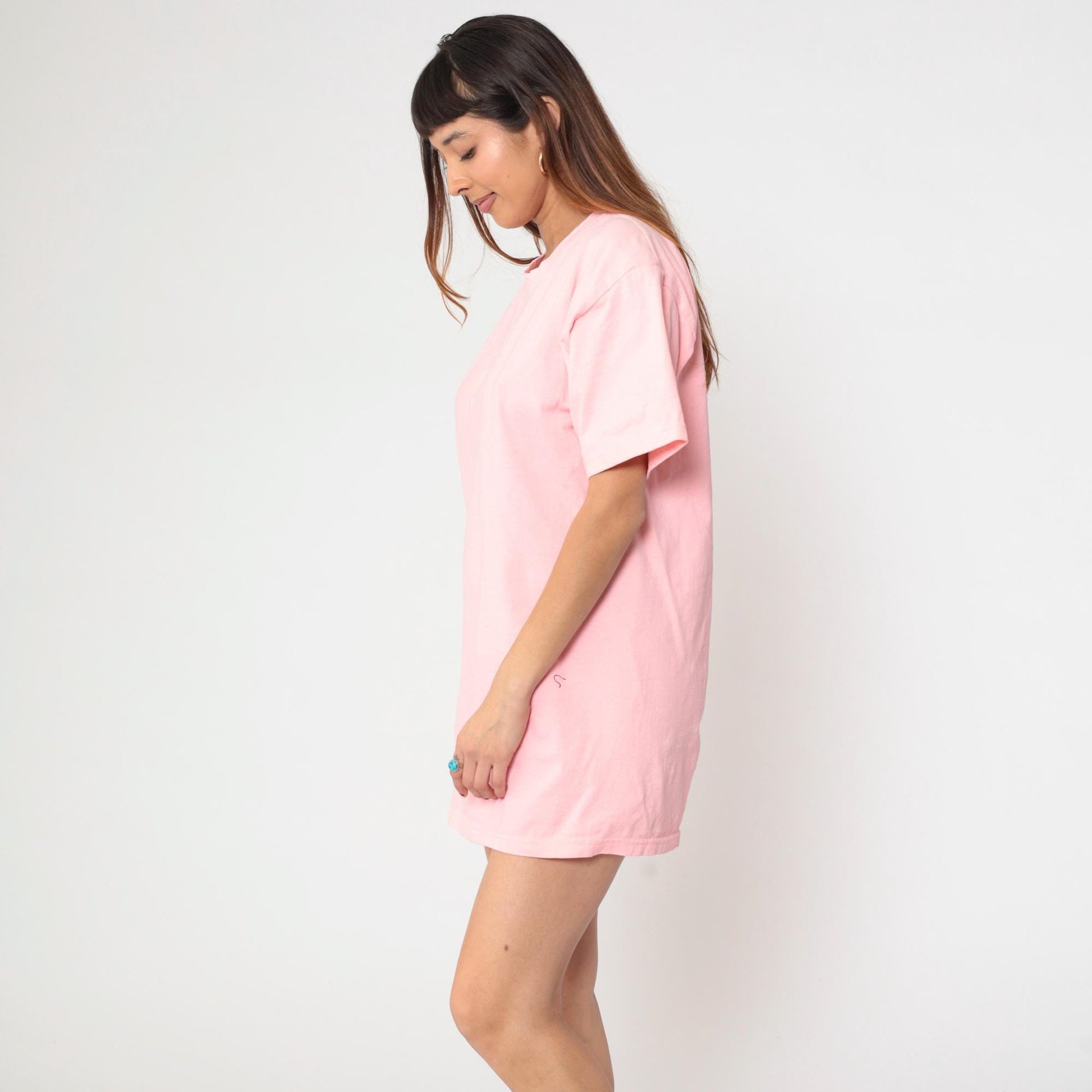 90s Pink Cotton T-Shirt Dress Crew Neck Short Sleeve Mid-Thigh One Size