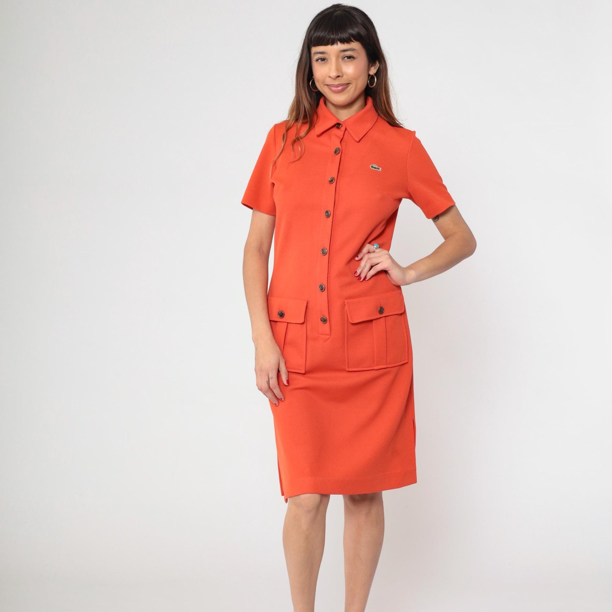 60s David Crystal Orange Polo Dress Pique Knit Button Front Medium