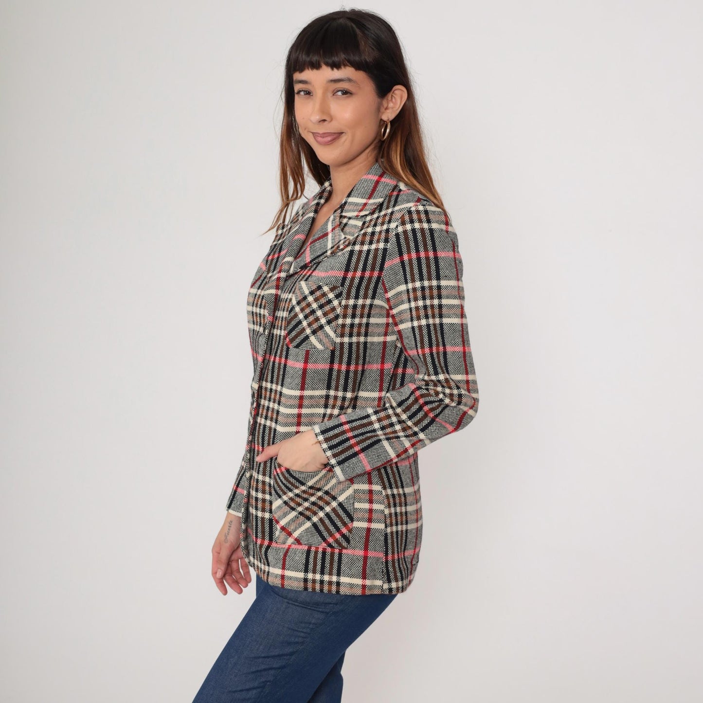 1970s Plaid Blazer Tartan Brown Red Cream Black Button Front Medium M