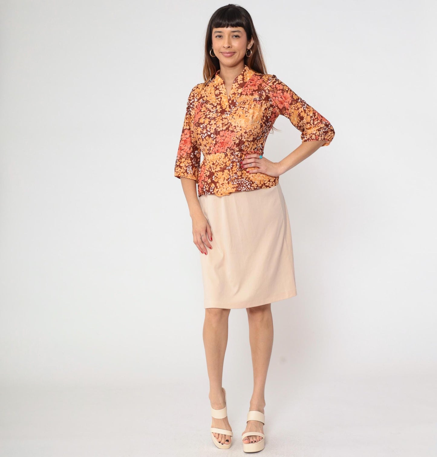80s Floral Midi Dress Brown Orange Yellow V-Neck Peplum Waist Short Sleeve Medium