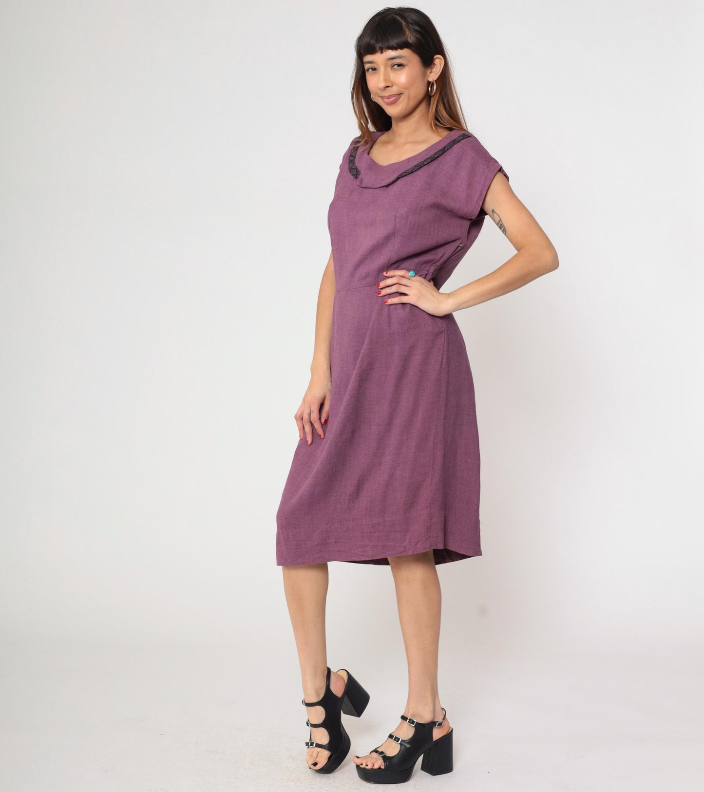 60s Gloria Swanson Purple Midi Dress Cowl Neckline Lattice Trim Large