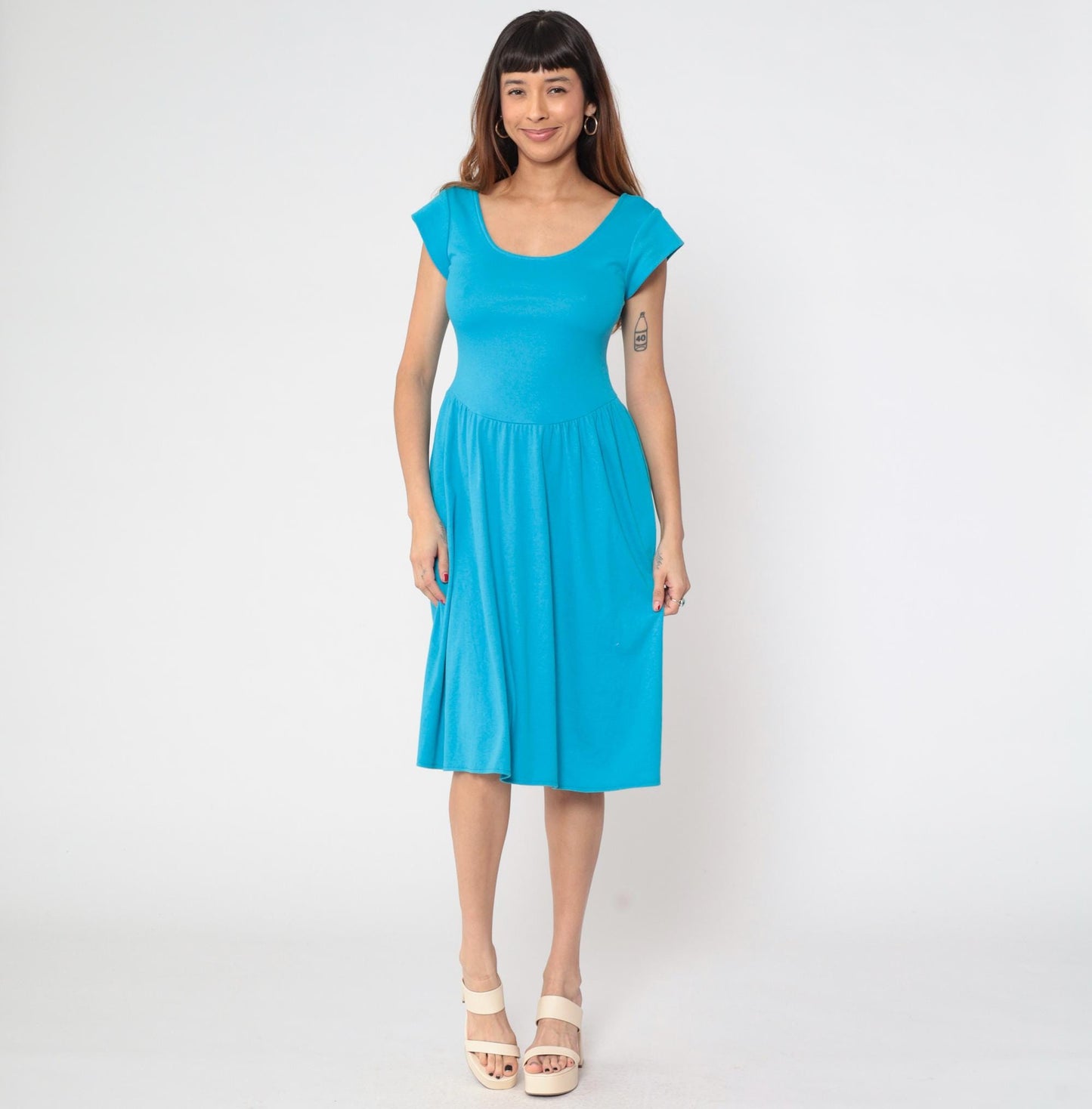 80s Byer Too Turquoise Midi Dress Fitted Bodice Cap Sleeve Small