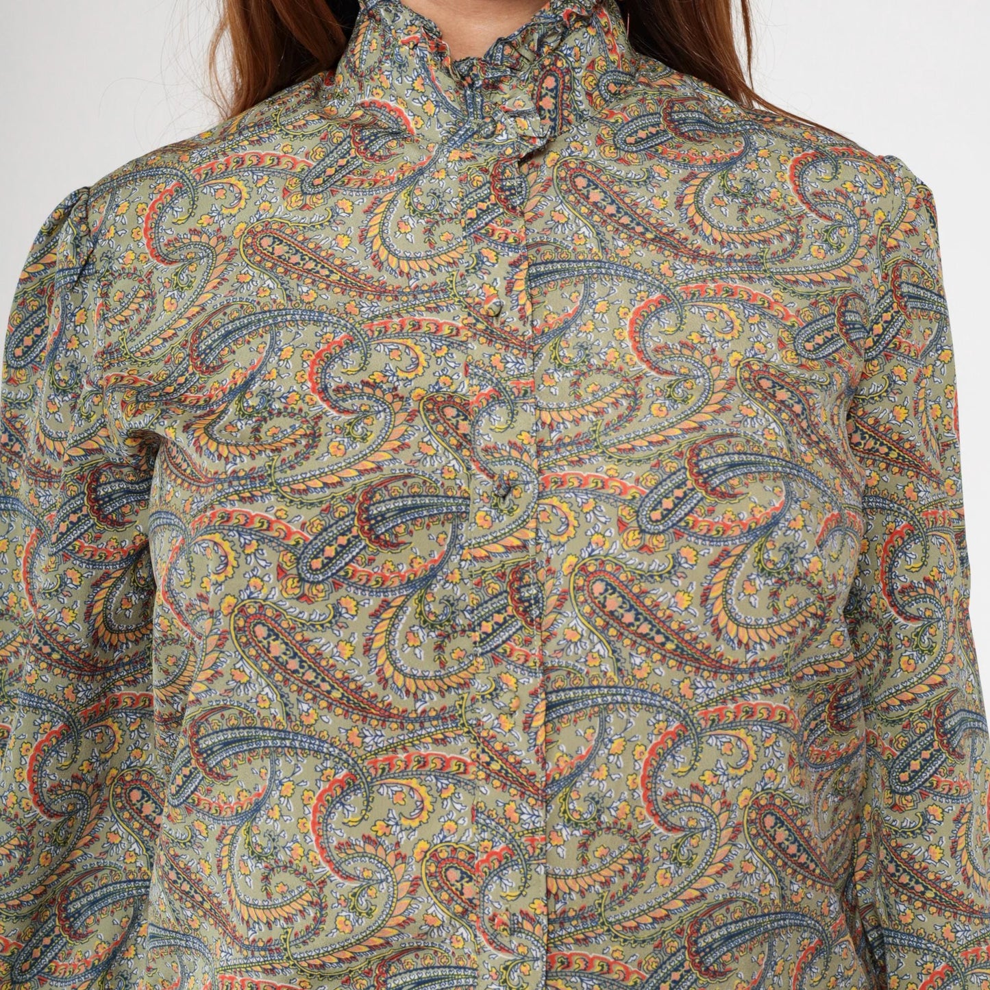 70s The Villager Paisley Two Piece Set Sage Green Blouse Midi Skirt Small