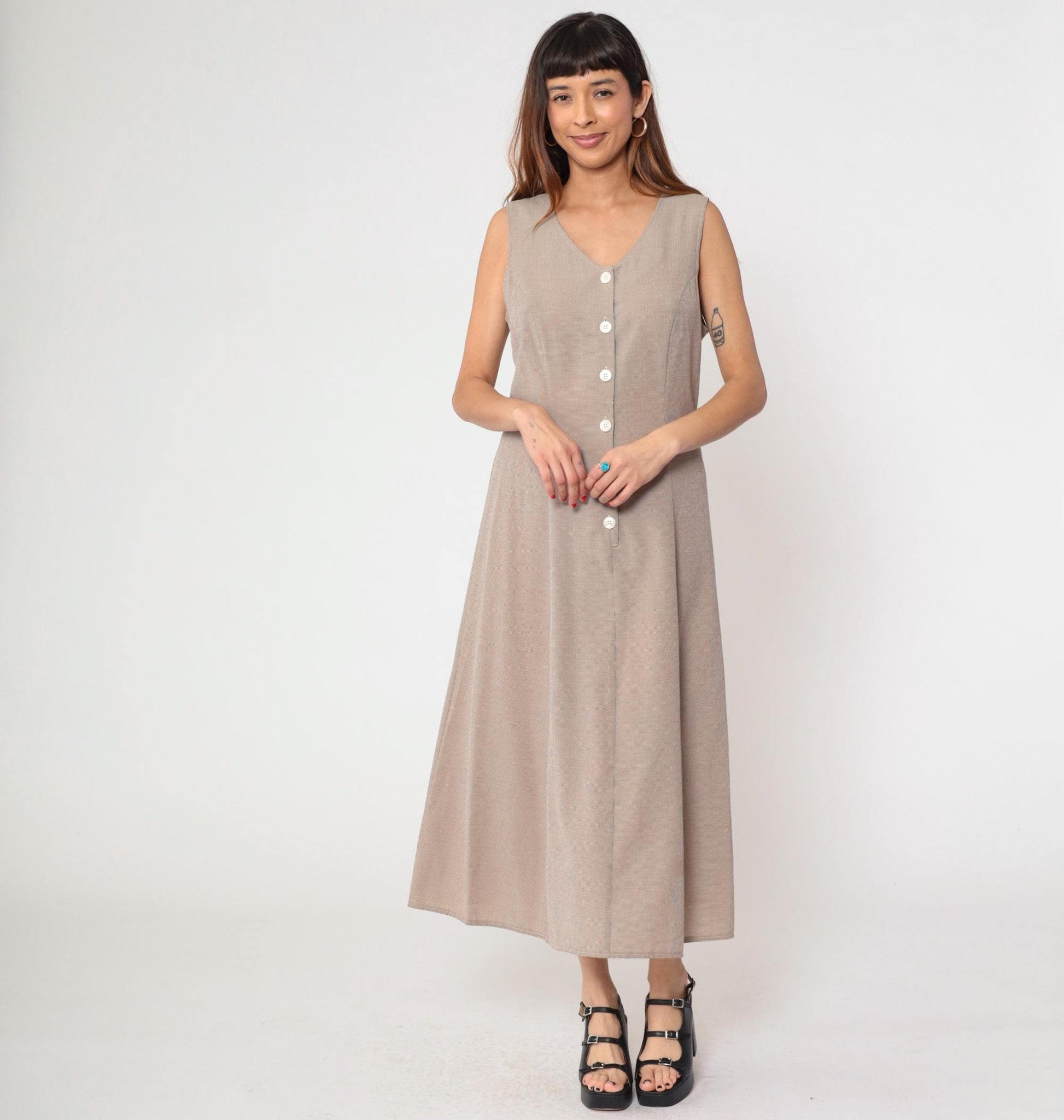 90s Kathie Lee Taupe Maxi Dress V Neck Lace Up Back Sleeveless Medium