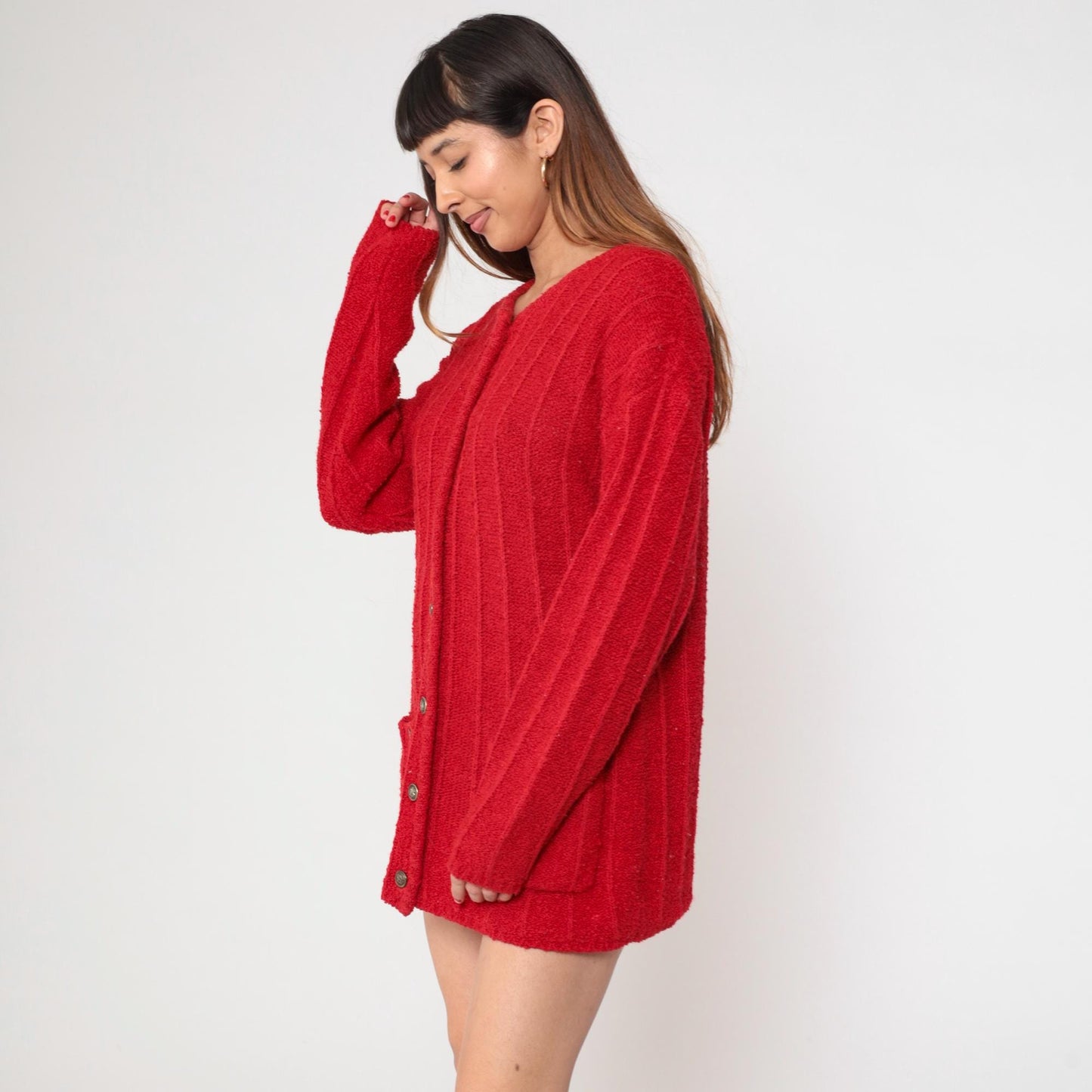 80s Fabriano Red Cardigan Sweater Chunky Knit Button Front Medium M