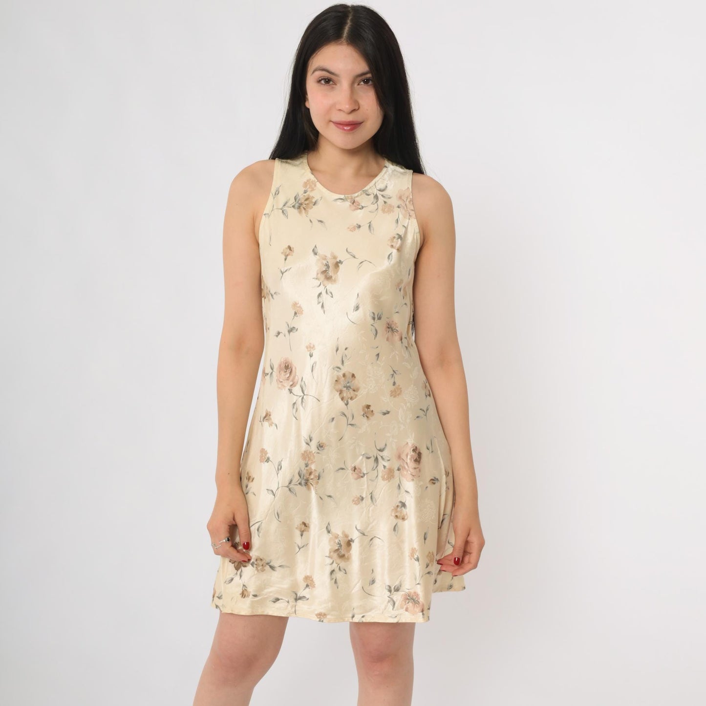 90s Breakin Loose Floral Mini Dress Cream Rose Print Sleeveless A-Line Small