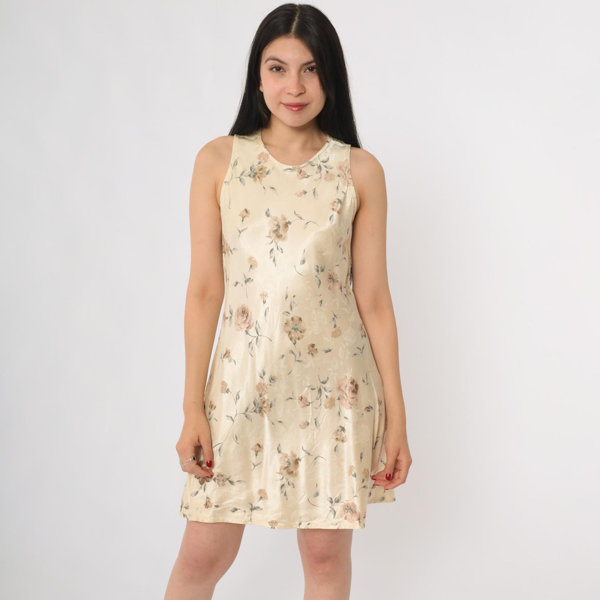 90s Breakin Loose Floral Mini Dress Cream Rose Print Sleeveless A-Line Small