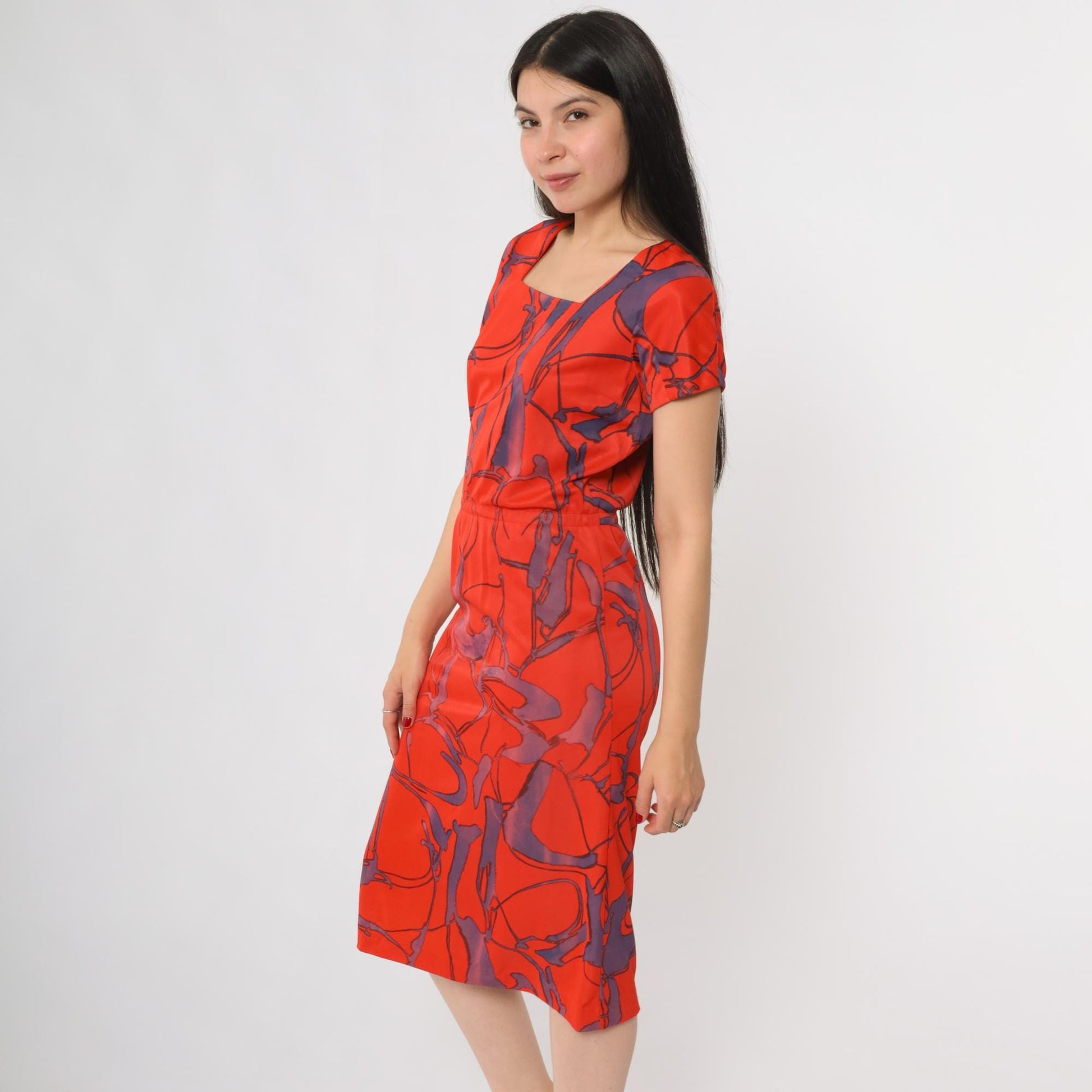 60s Abstract Geometric Dress Red Purple Square Neck A-Line Small