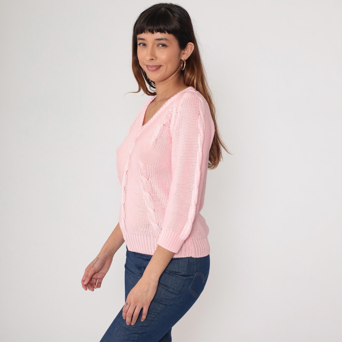 80s Pink Cable Knit V-Neck Pullover Sweater Medium