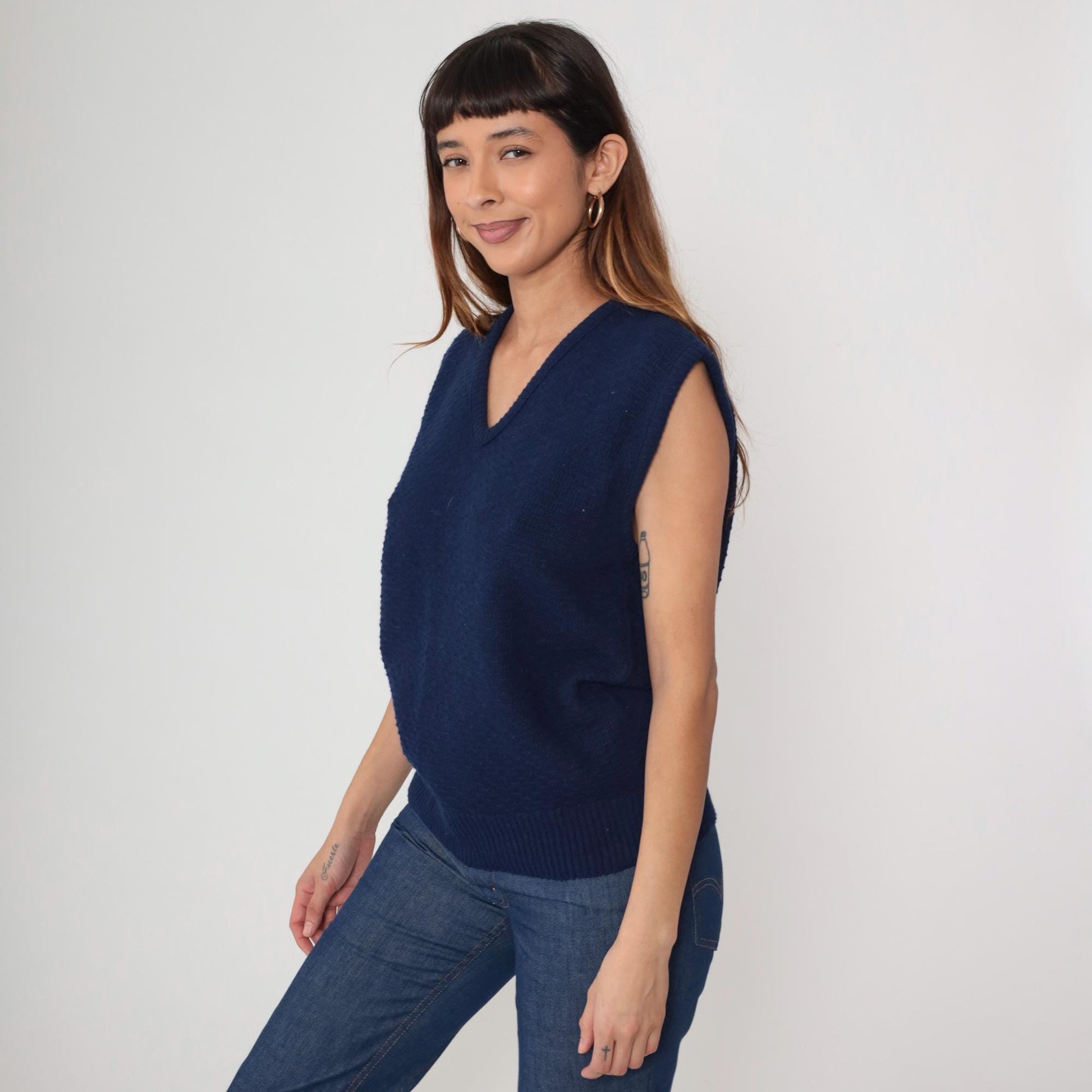 80s Navy Ribbed Knit Sweater Vest Scoop Neck Sleeveless Tank Large L