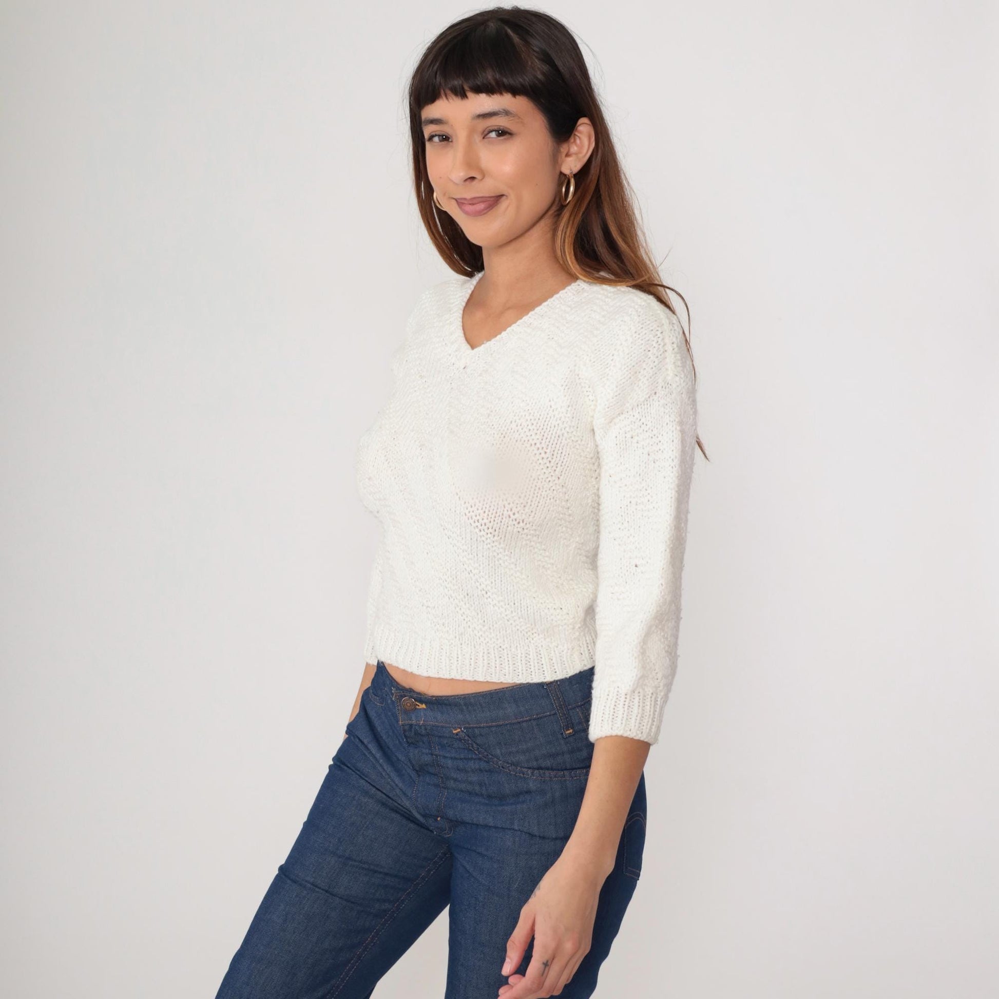 80s Cream V-Neck Cropped Sweater Three-Quarter Sleeve Knit Extra Small XS