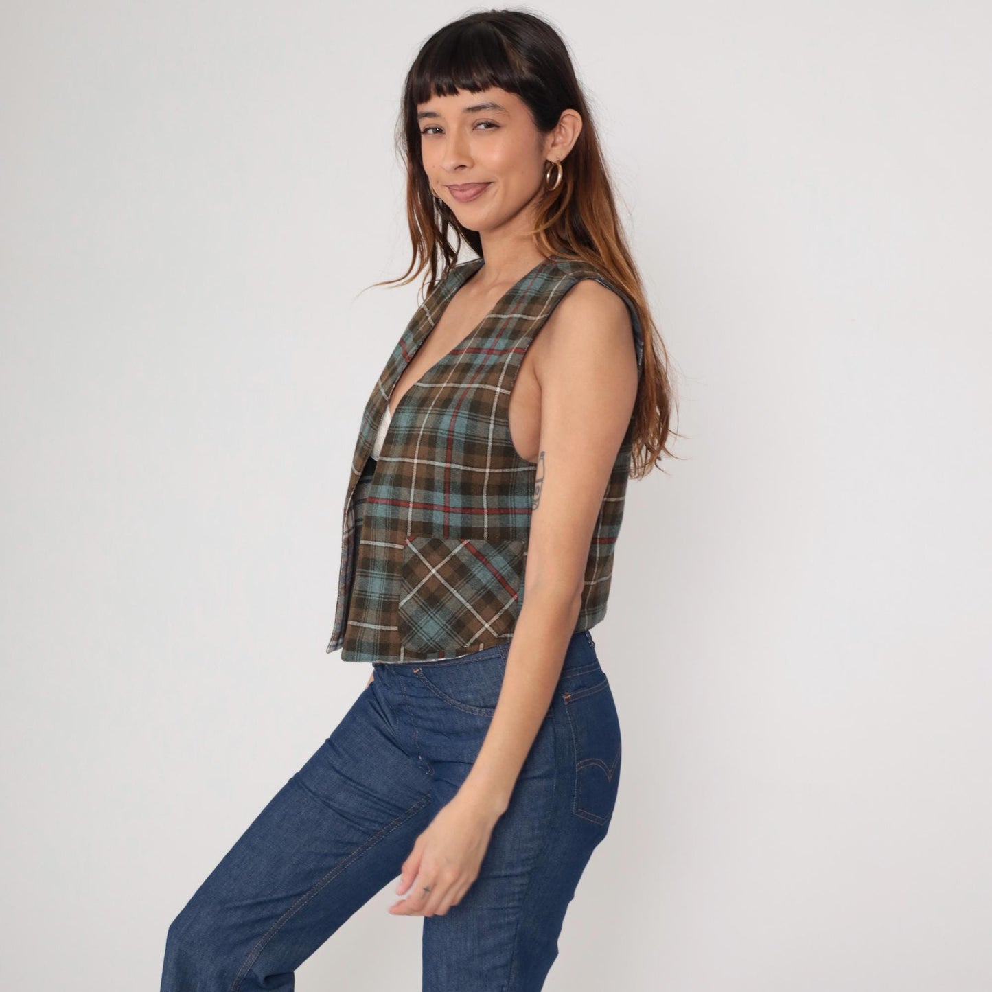 70s Plaid Reversible Vest Brown Blue Cream Tartan Waistcoat Medium