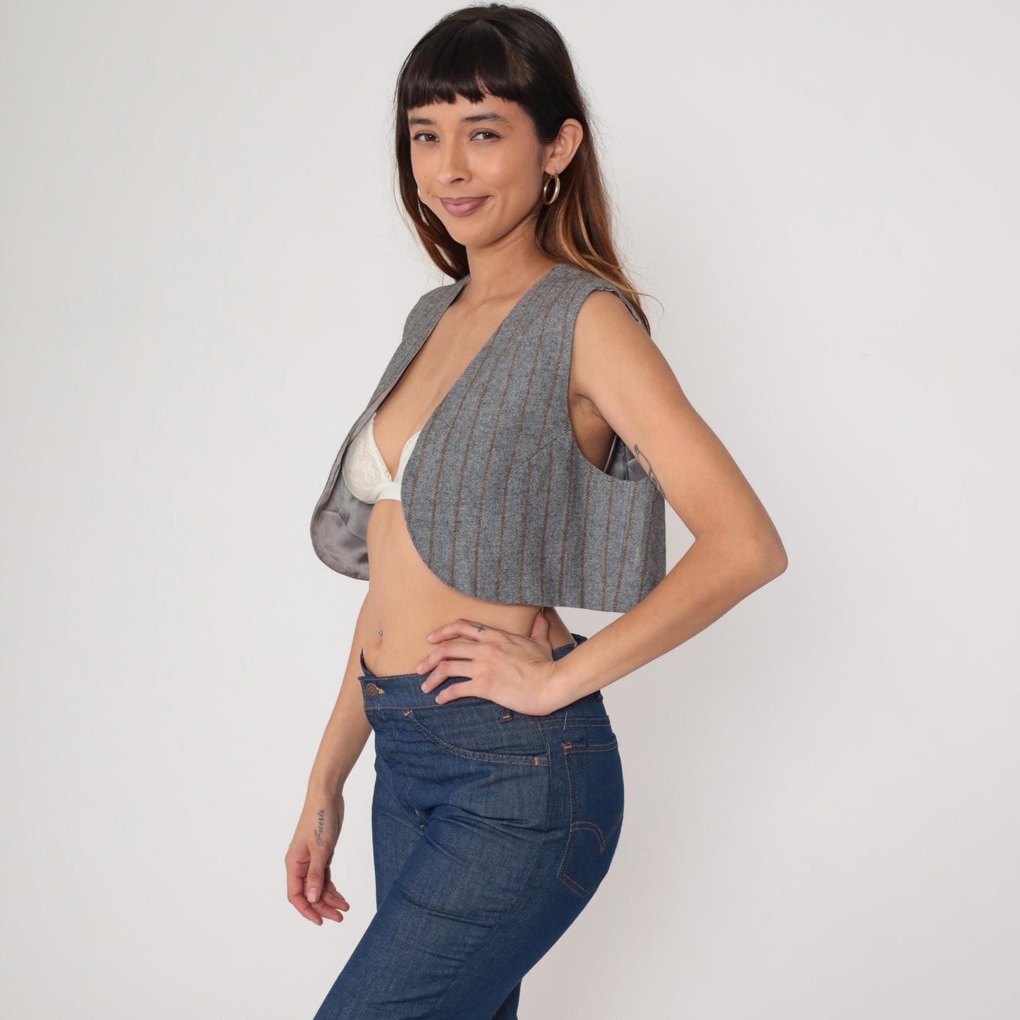 80s Grey Pinstripe Cropped Vest Open Front Sleeveless Small S
